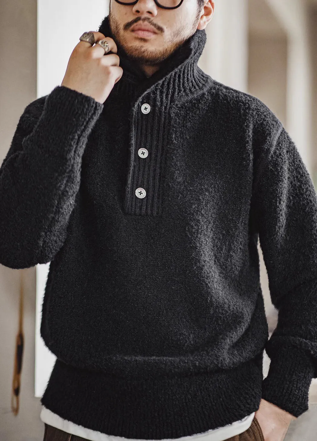 American Retro Circle Yarn Polo Warm Pullover Thick Men's Sweater