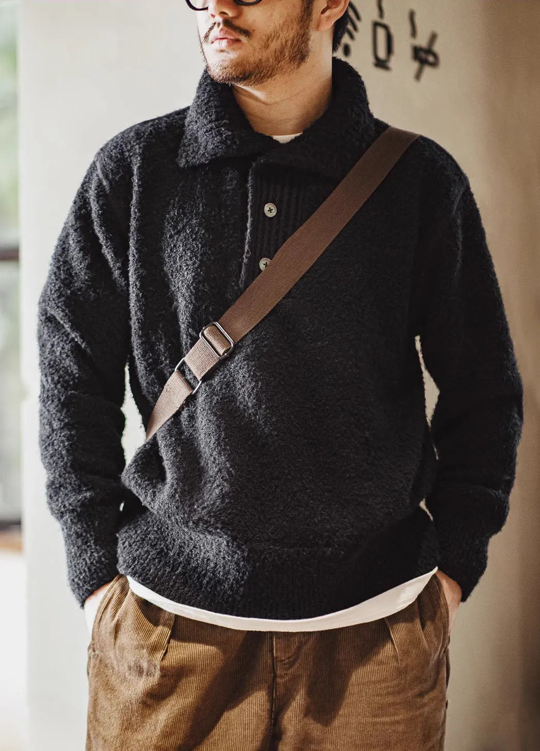 American Retro Circle Yarn Polo Warm Pullover Thick Men's Sweater