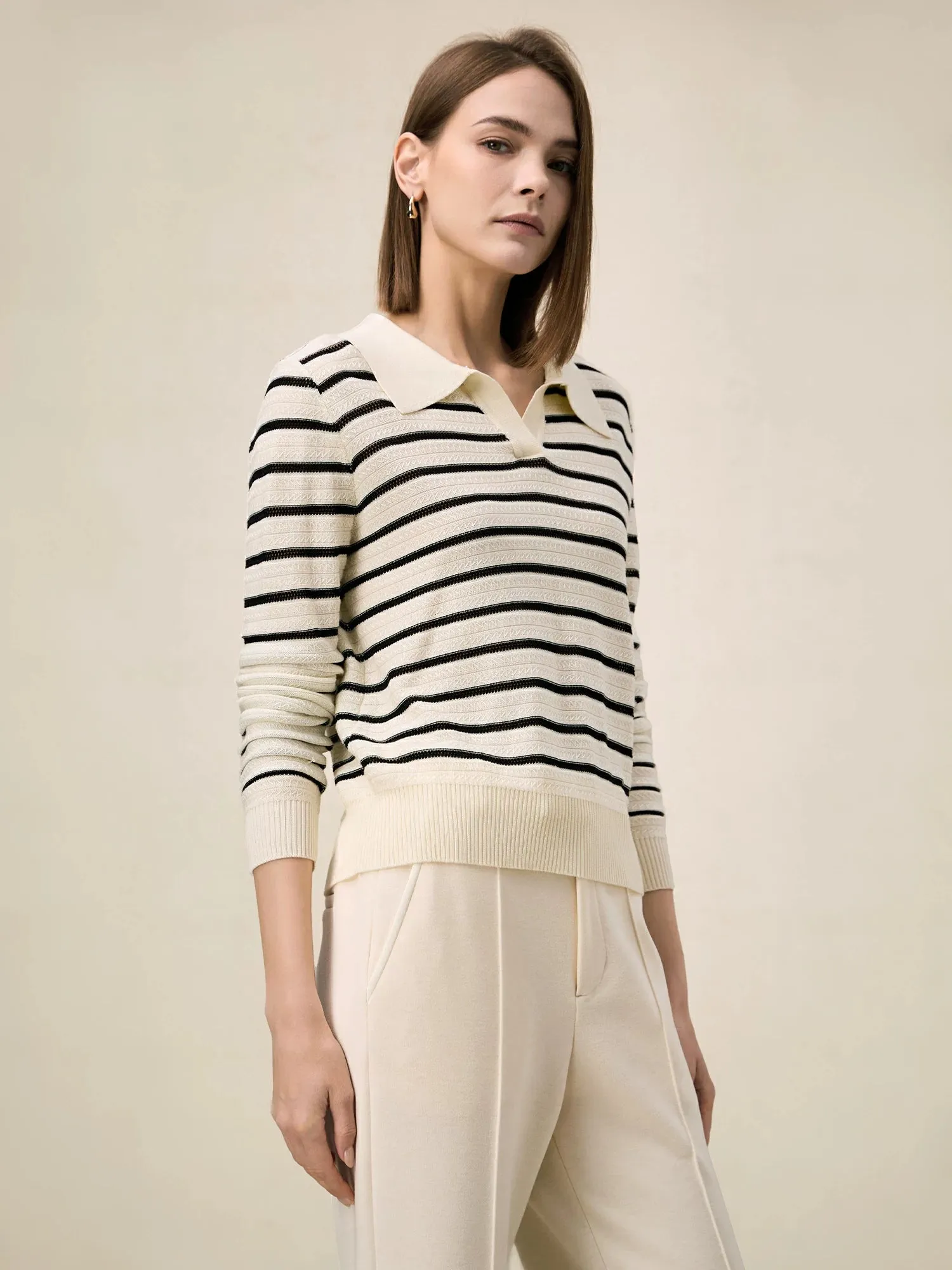 Amoretu 100% Lyocell Polo Collar Striped Sweater