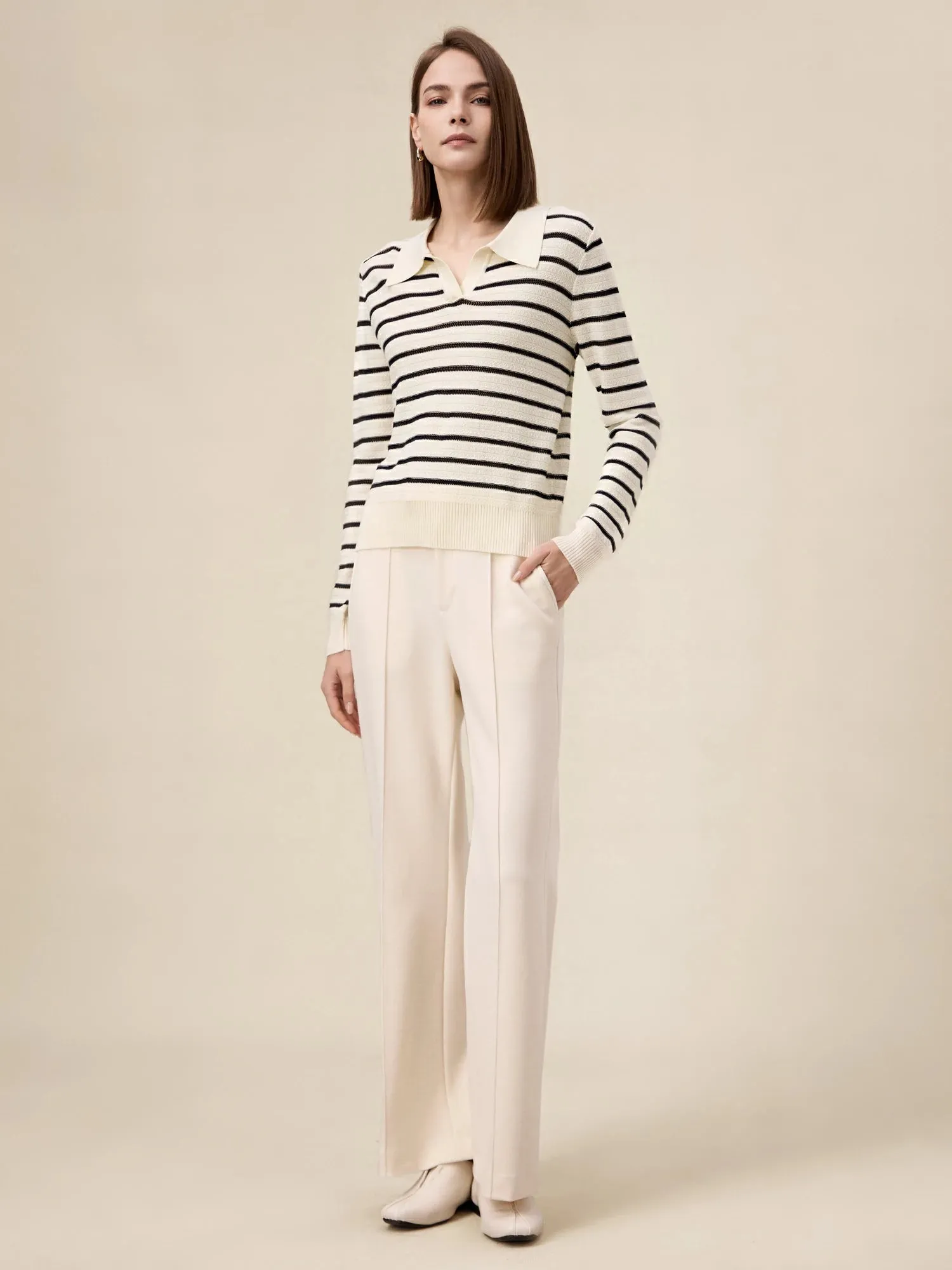 Amoretu 100% Lyocell Polo Collar Striped Sweater