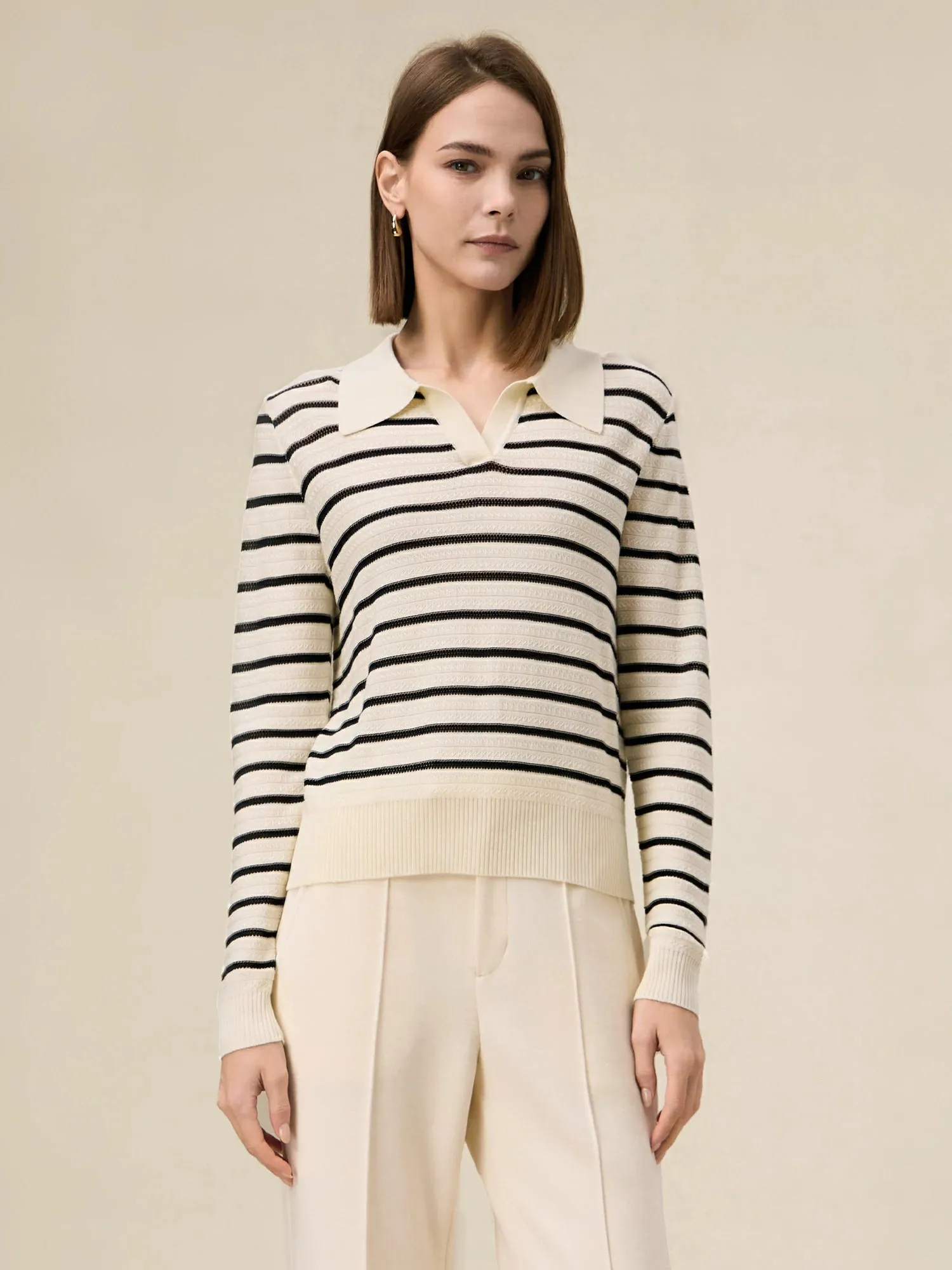 Amoretu 100% Lyocell Polo Collar Striped Sweater