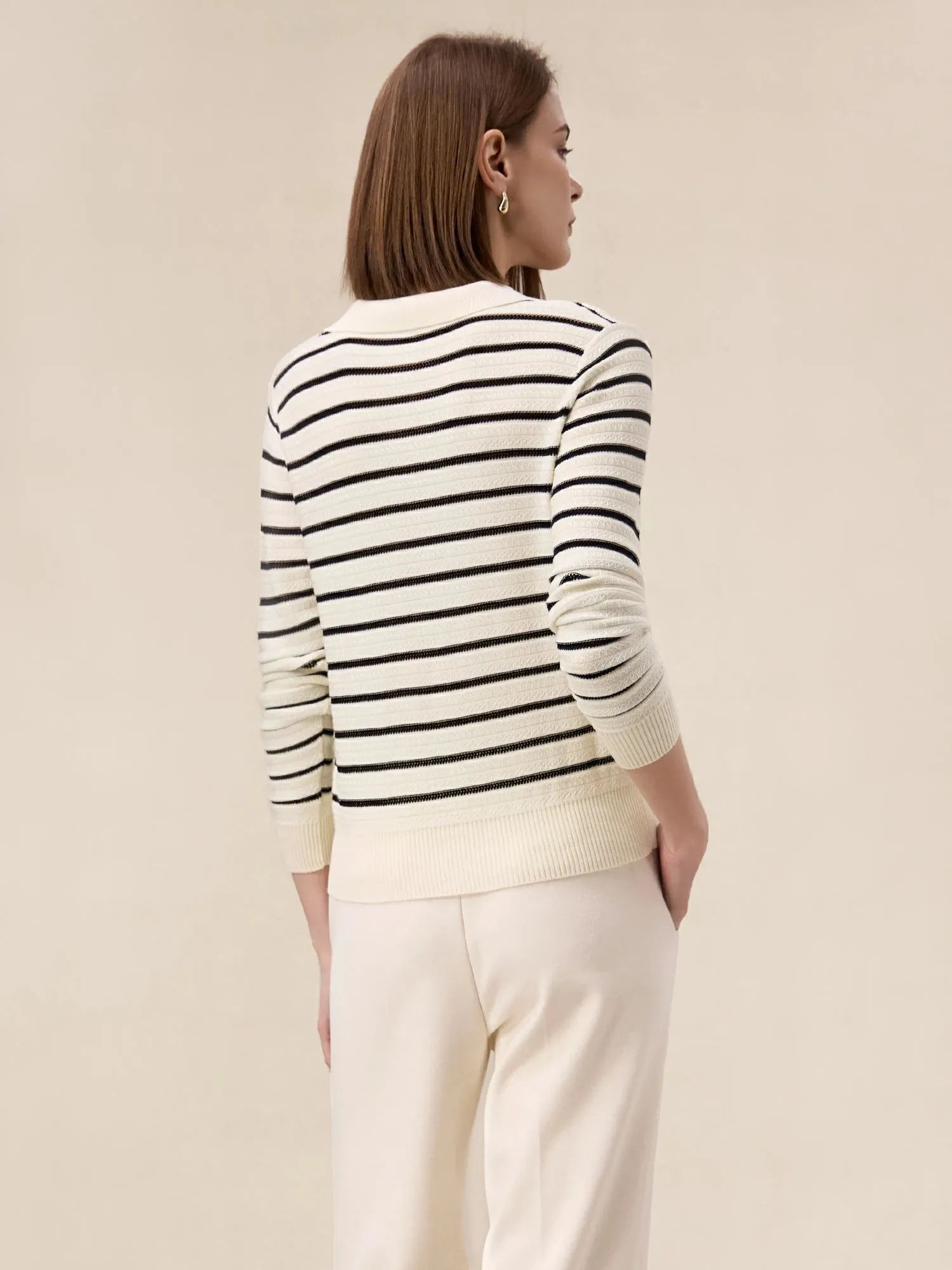 Amoretu 100% Lyocell Polo Collar Striped Sweater