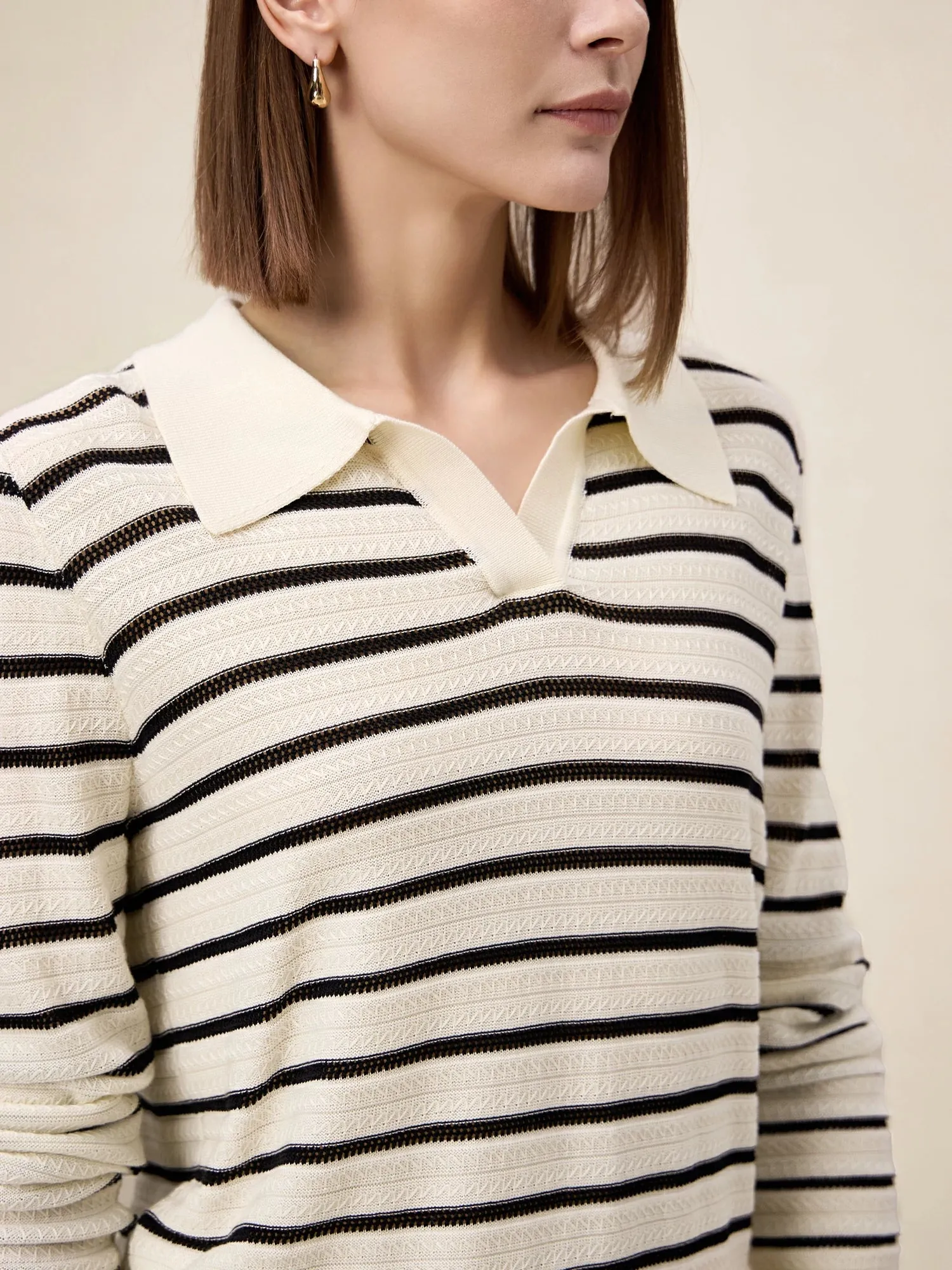 Amoretu 100% Lyocell Polo Collar Striped Sweater