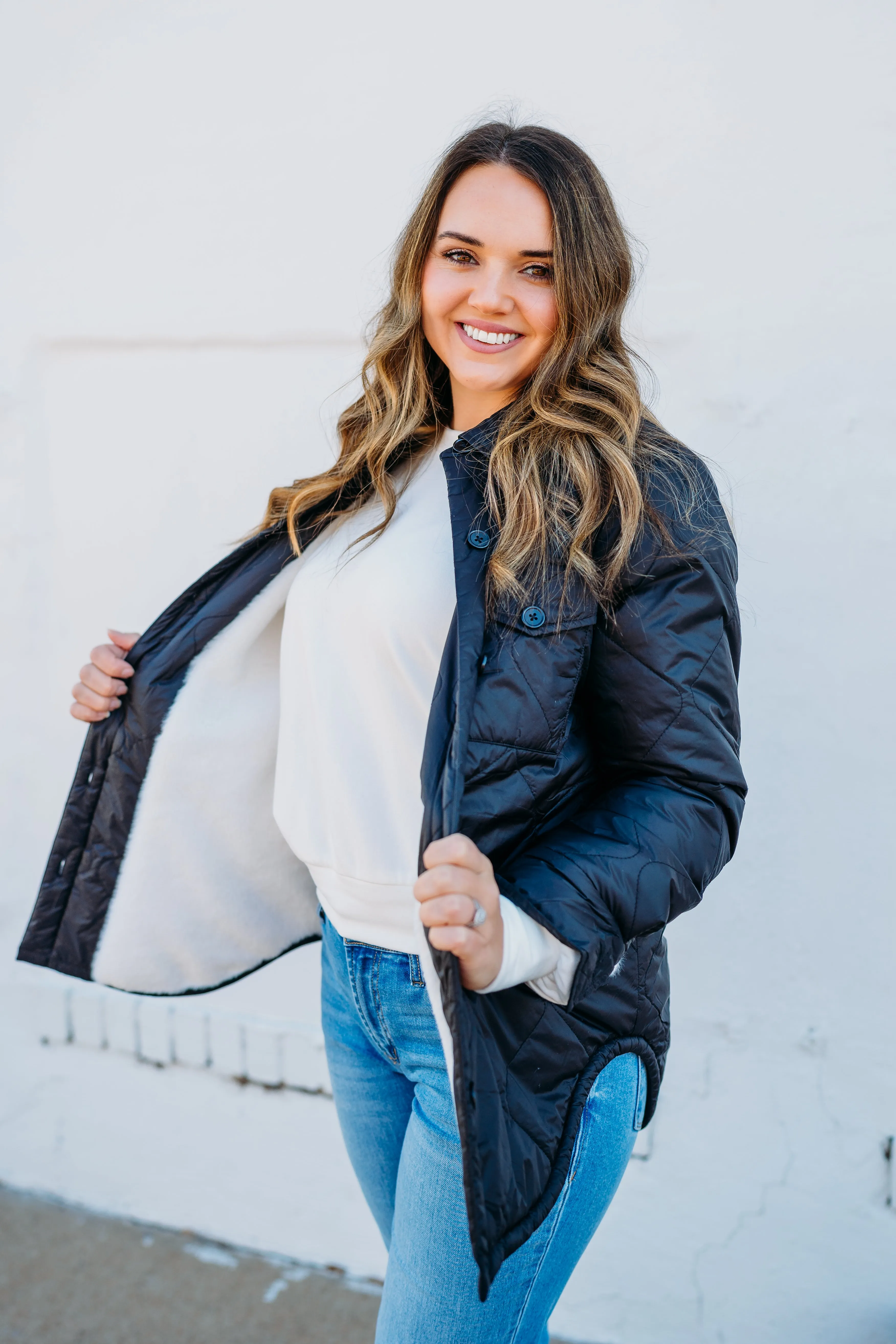 Karen Kane: Faux Fur Quilted Jacket in Black/Cream