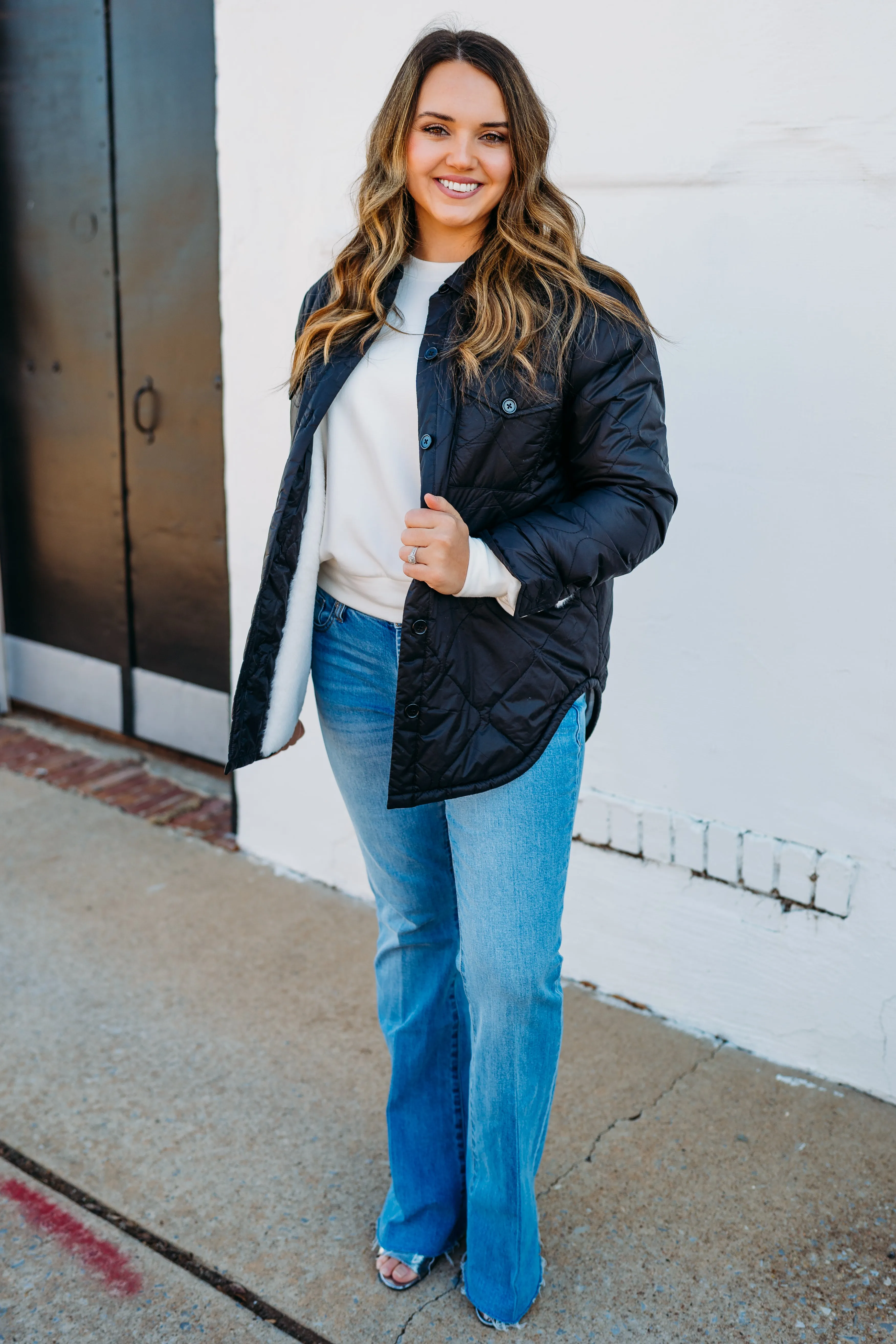 Karen Kane: Faux Fur Quilted Jacket in Black/Cream