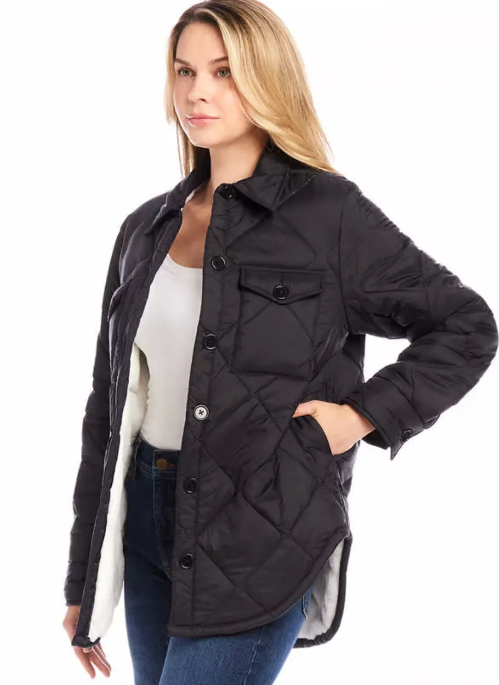 Karen Kane: Faux Fur Quilted Jacket in Black/Cream