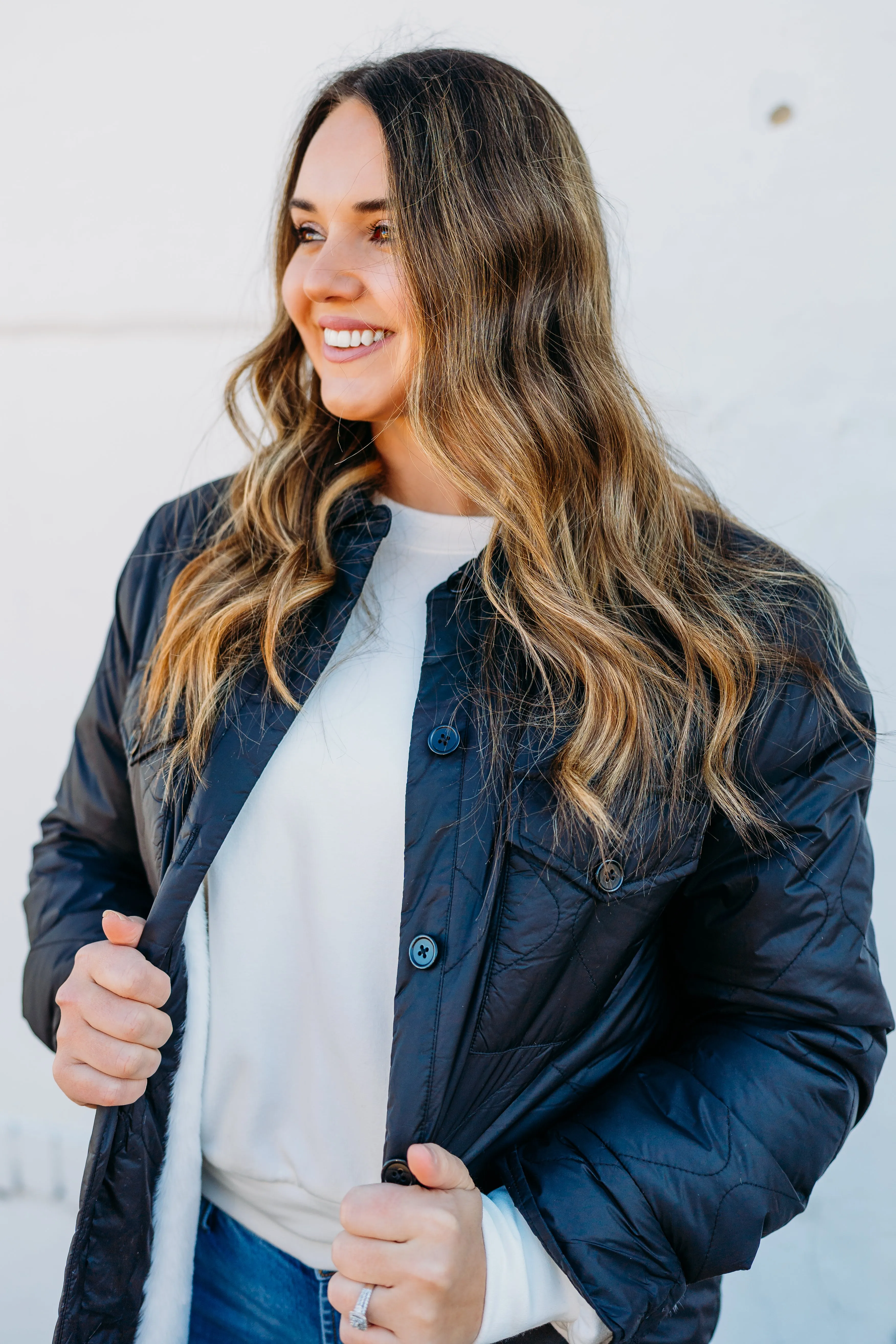 Karen Kane: Faux Fur Quilted Jacket in Black/Cream