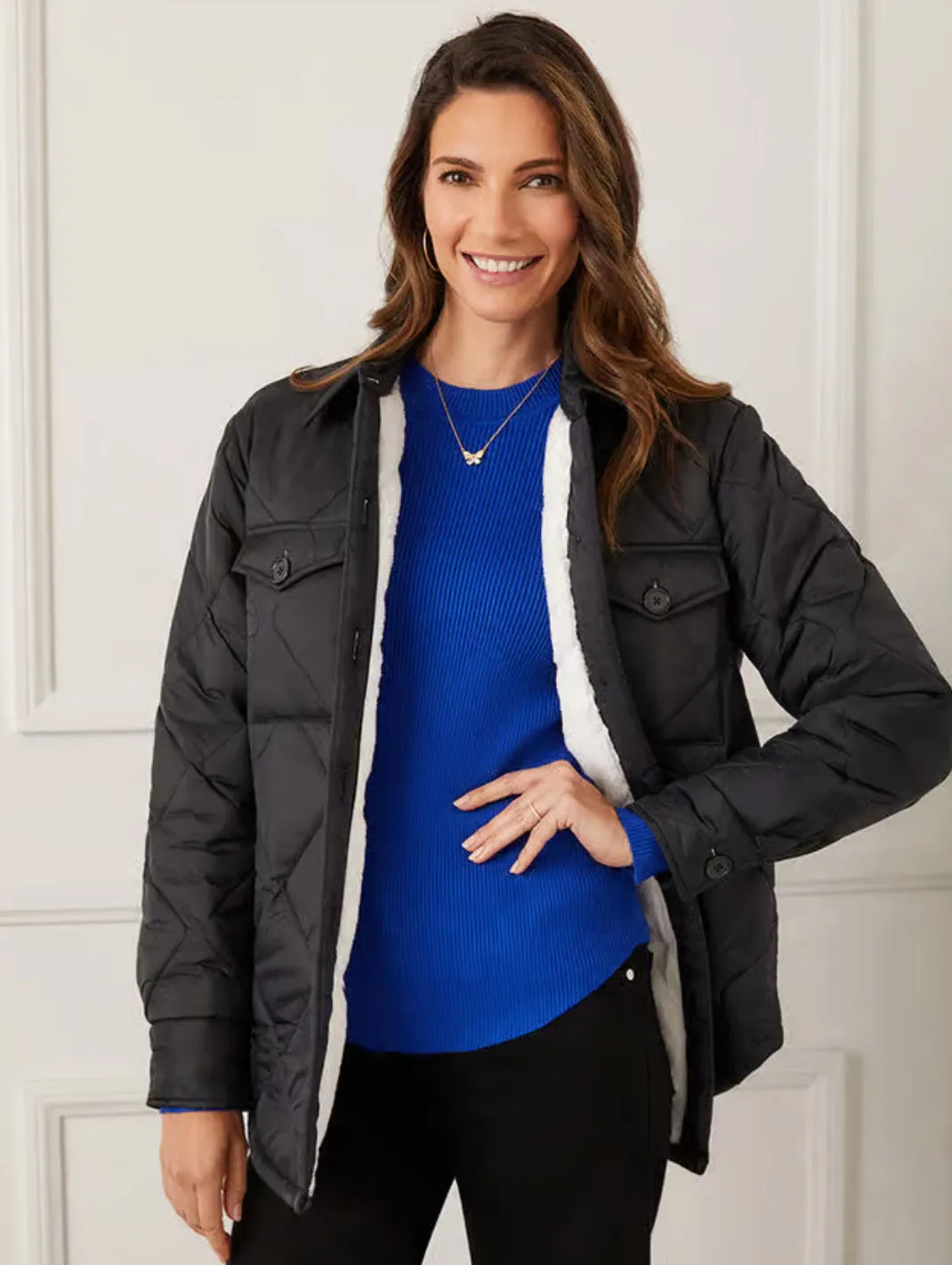 Karen Kane: Faux Fur Quilted Jacket in Black/Cream