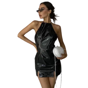 Pu Leather Glossy Slip Sexy Backless Hot Lady Dress