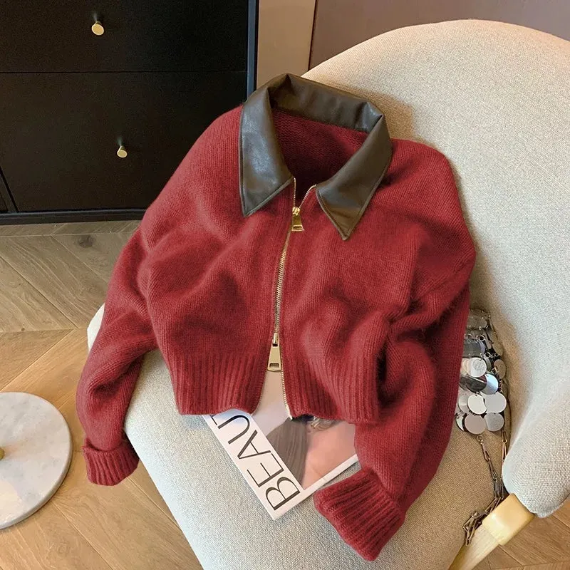 Spliced Leather Collar Knit Sweater Fashion Double Zipper Cardigan Women's Autumn/Winter