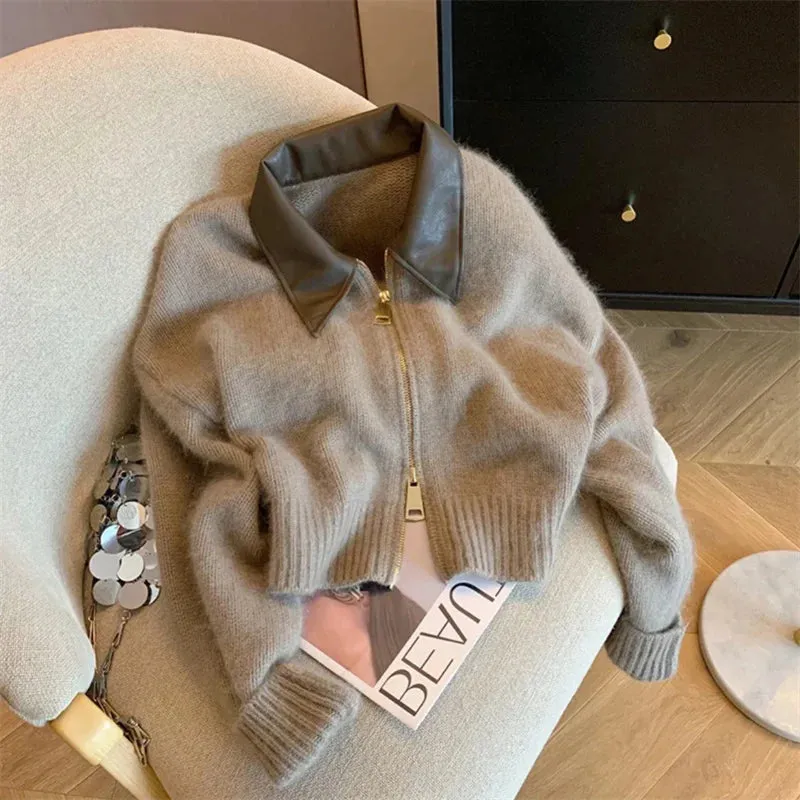 Spliced Leather Collar Knit Sweater Fashion Double Zipper Cardigan Women's Autumn/Winter