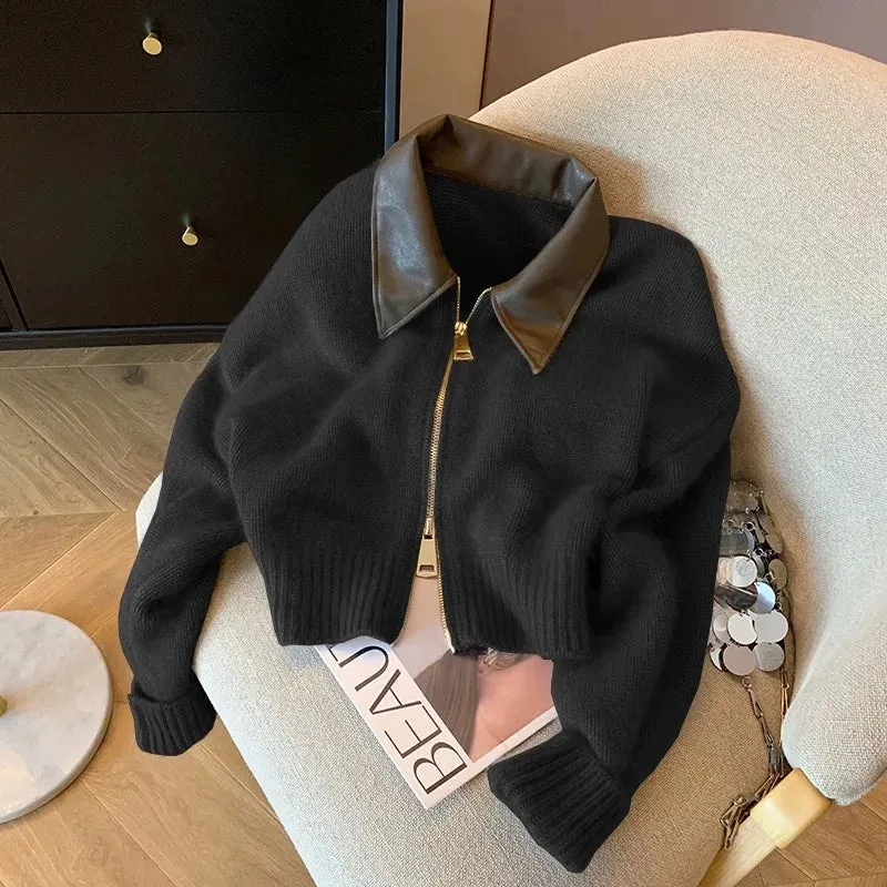 Spliced Leather Collar Knit Sweater Fashion Double Zipper Cardigan Women's Autumn/Winter