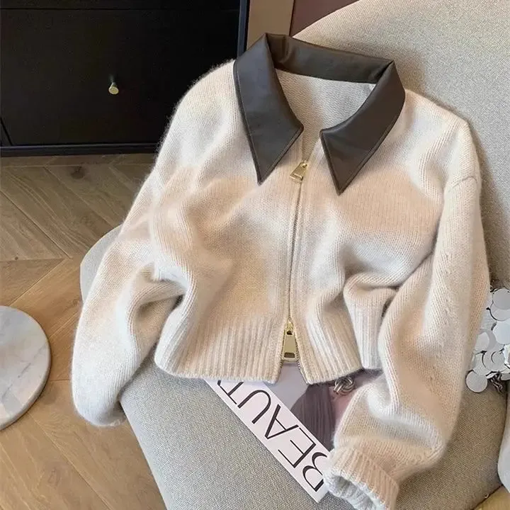 Spliced Leather Collar Knit Sweater Fashion Double Zipper Cardigan Women's Autumn/Winter