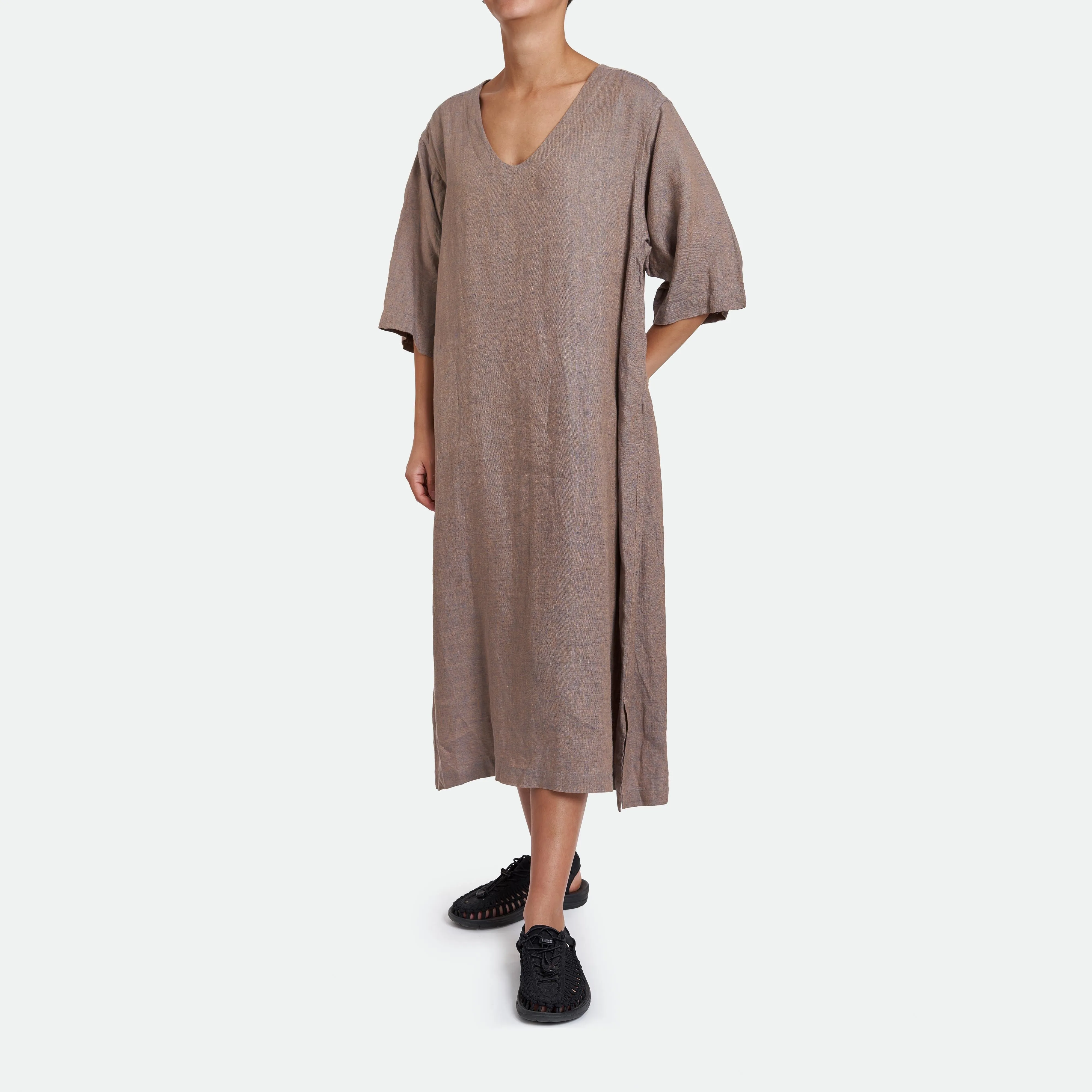 ts(s) - Linen V-Neck Dress Blue Beige