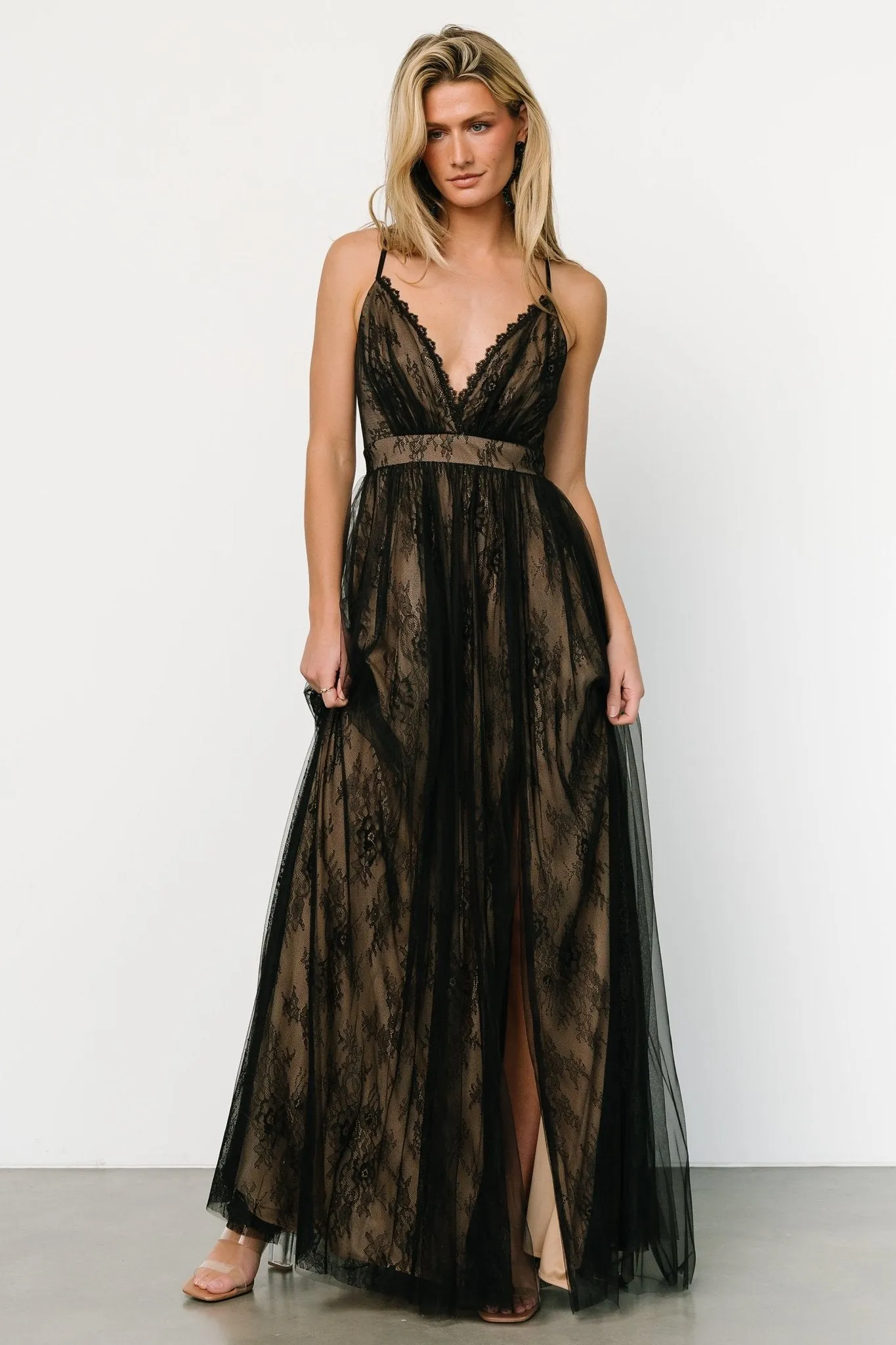 Vasia Lace Tulle Maxi Dress | Black   Nude