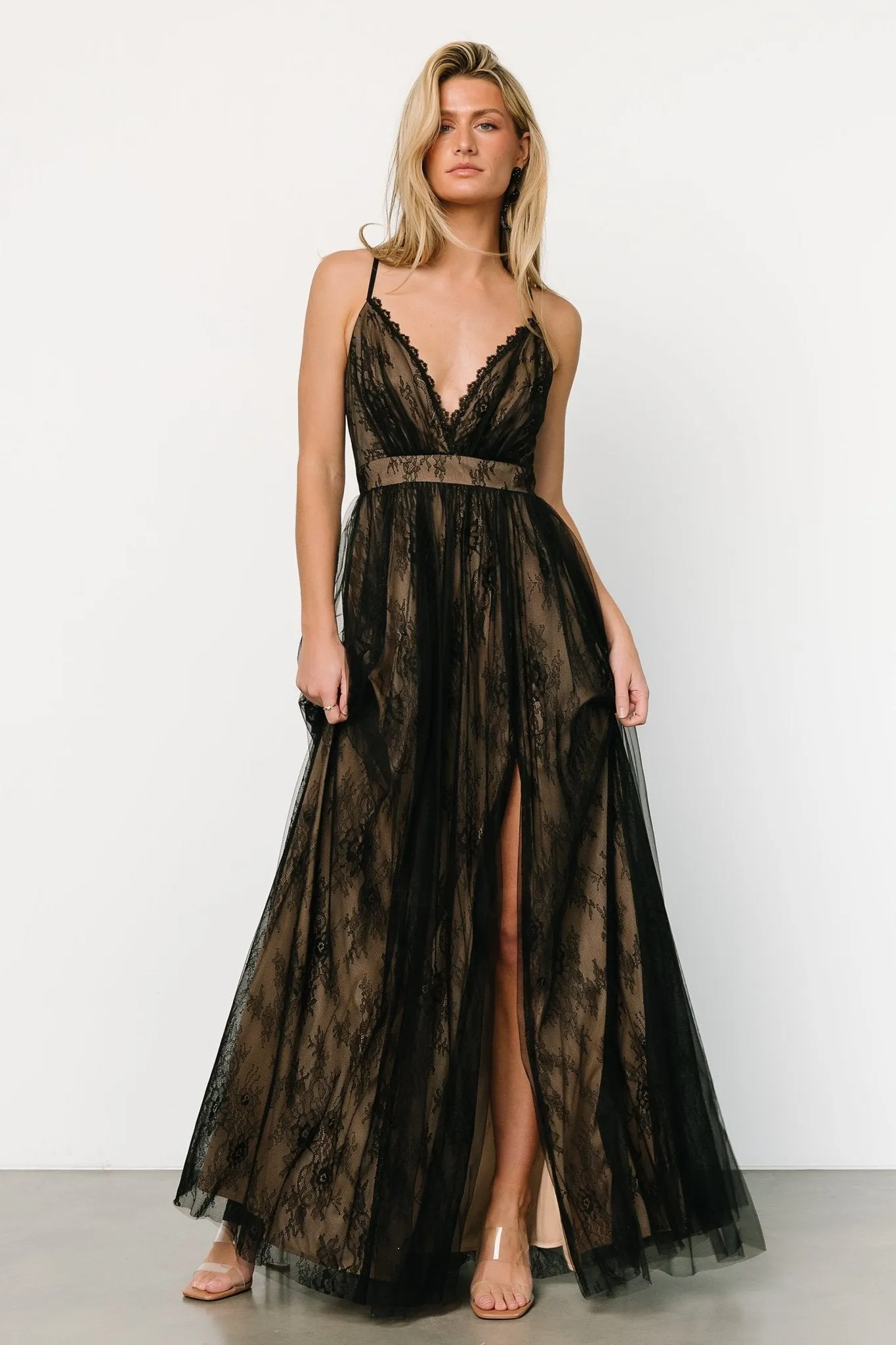 Vasia Lace Tulle Maxi Dress | Black   Nude