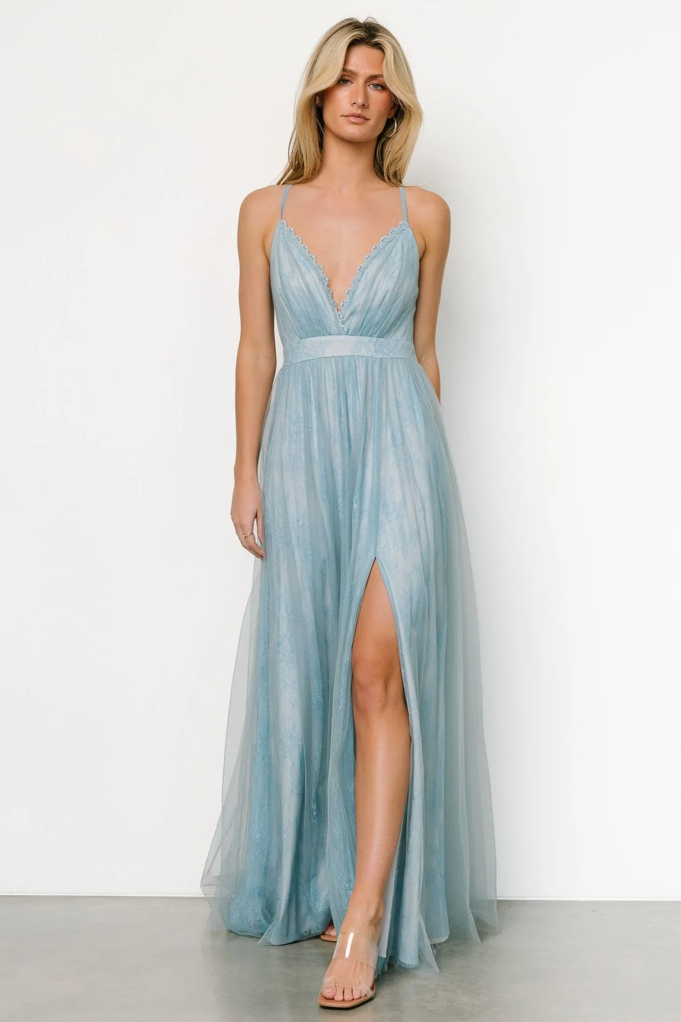 Vasia Lace Tulle Maxi Dress | Soft Blue