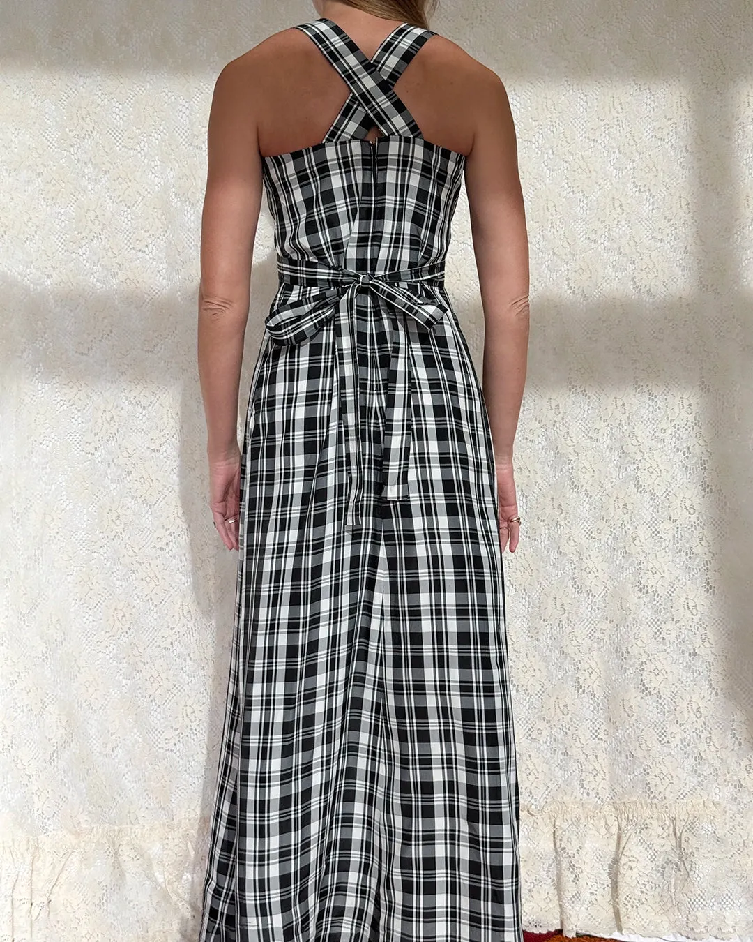 Vintage 1970s Black Tartan Pinafore Maxidress