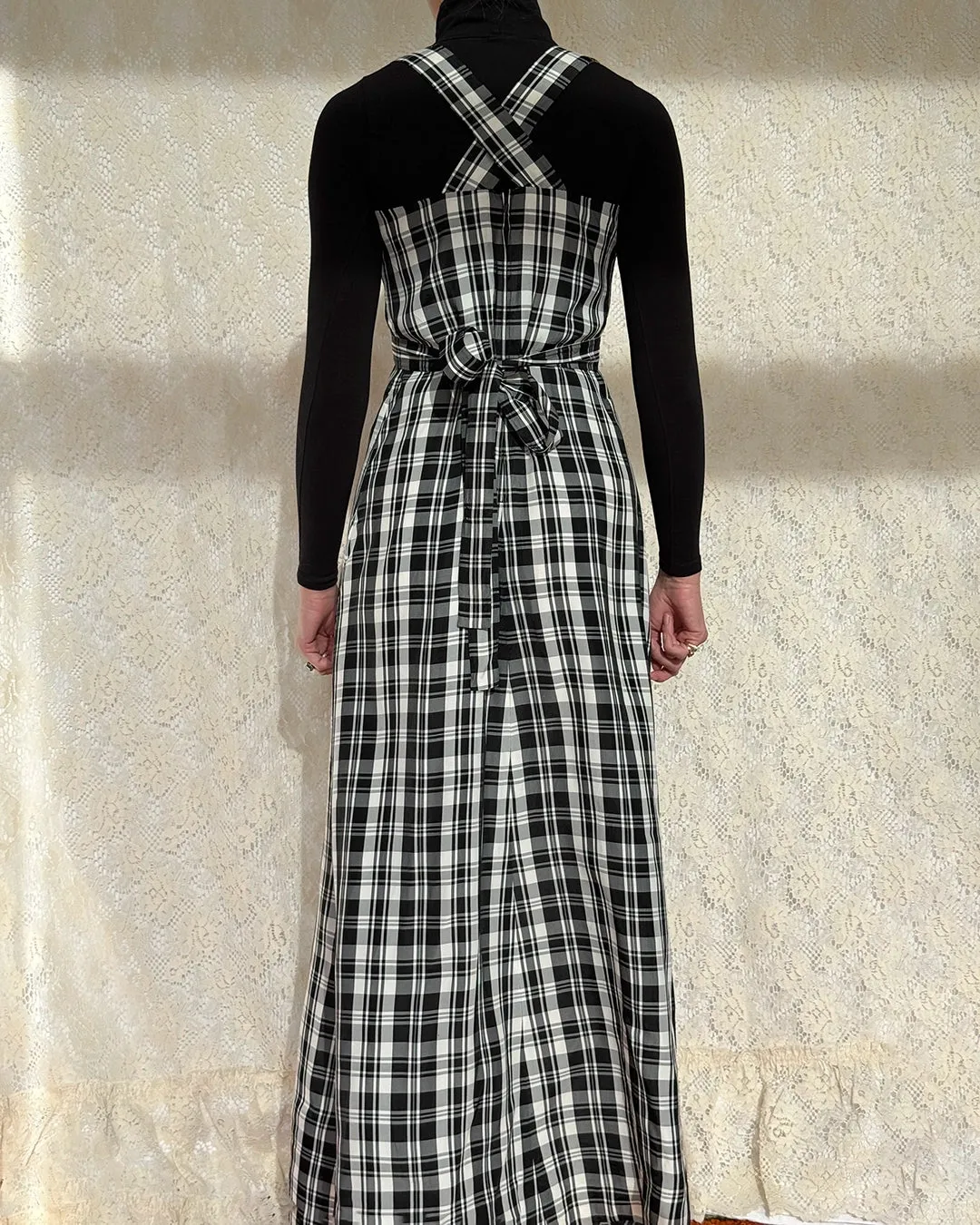 Vintage 1970s Black Tartan Pinafore Maxidress