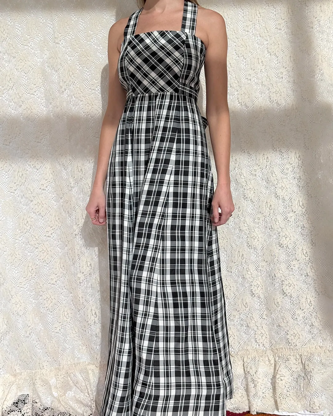 Vintage 1970s Black Tartan Pinafore Maxidress