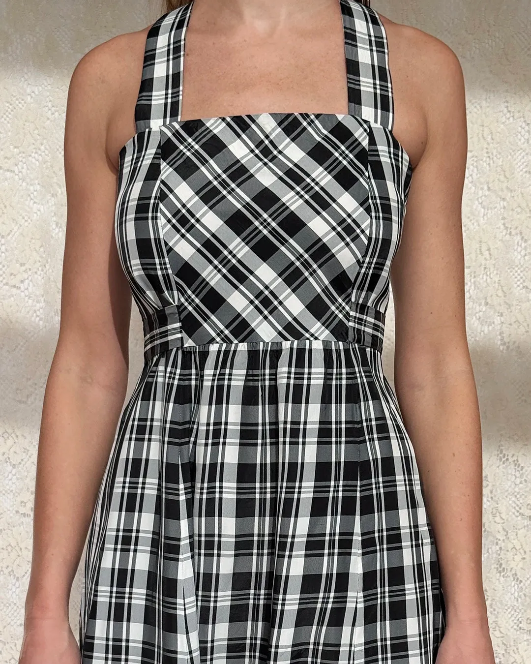 Vintage 1970s Black Tartan Pinafore Maxidress