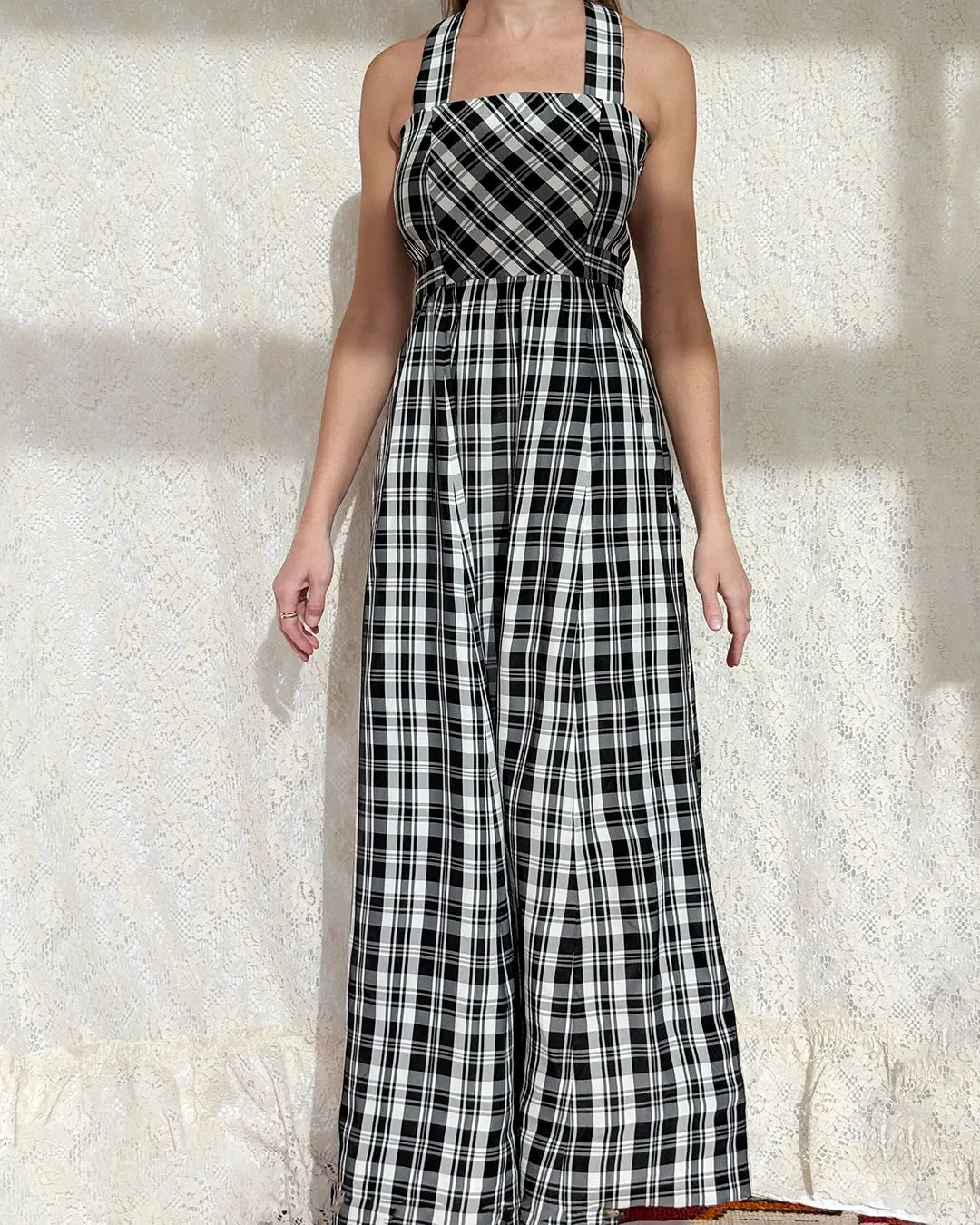 Vintage 1970s Black Tartan Pinafore Maxidress