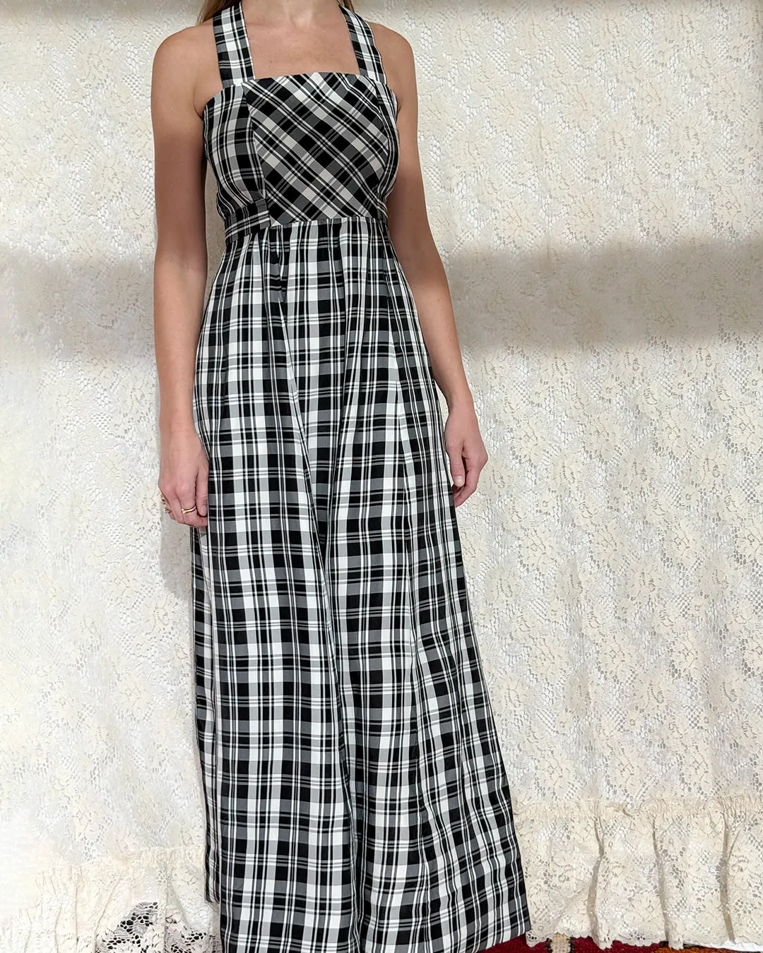 Vintage 1970s Black Tartan Pinafore Maxidress