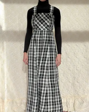 Vintage 1970s Black Tartan Pinafore Maxidress