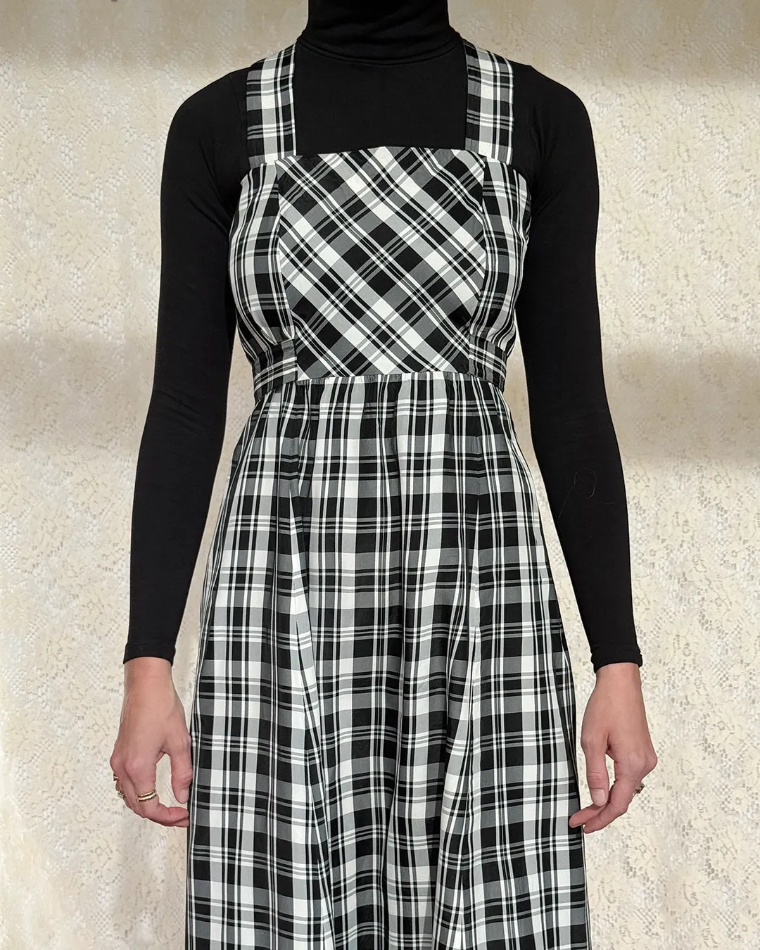 Vintage 1970s Black Tartan Pinafore Maxidress