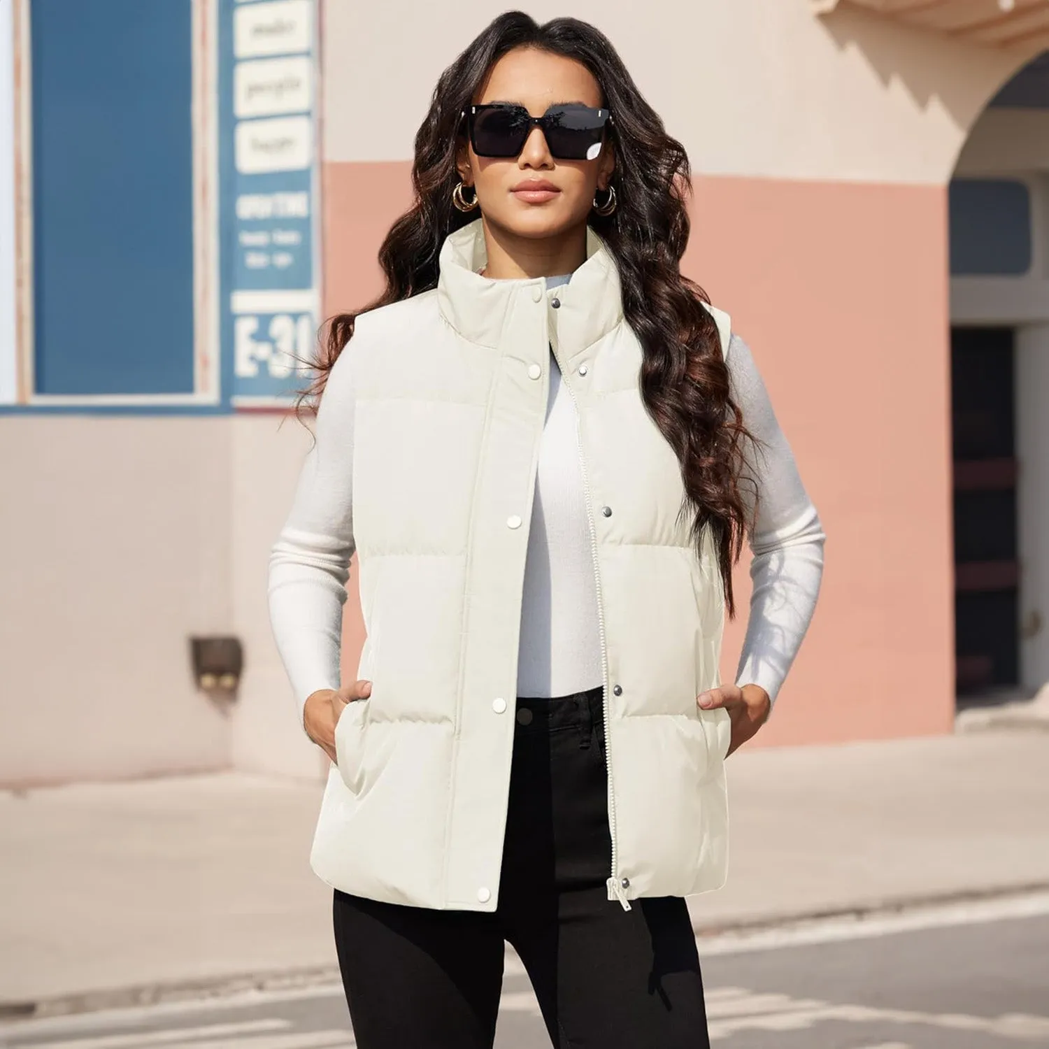 Women's Puffer Down Vest Oversized Zip Up Outerwear Lightweight Winter Padded Gilet Jacket with Pockets