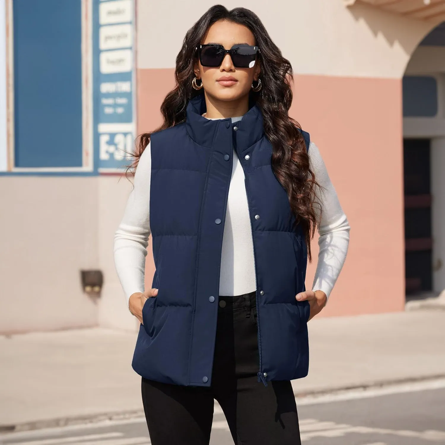 Women's Puffer Down Vest Oversized Zip Up Outerwear Lightweight Winter Padded Gilet Jacket with Pockets