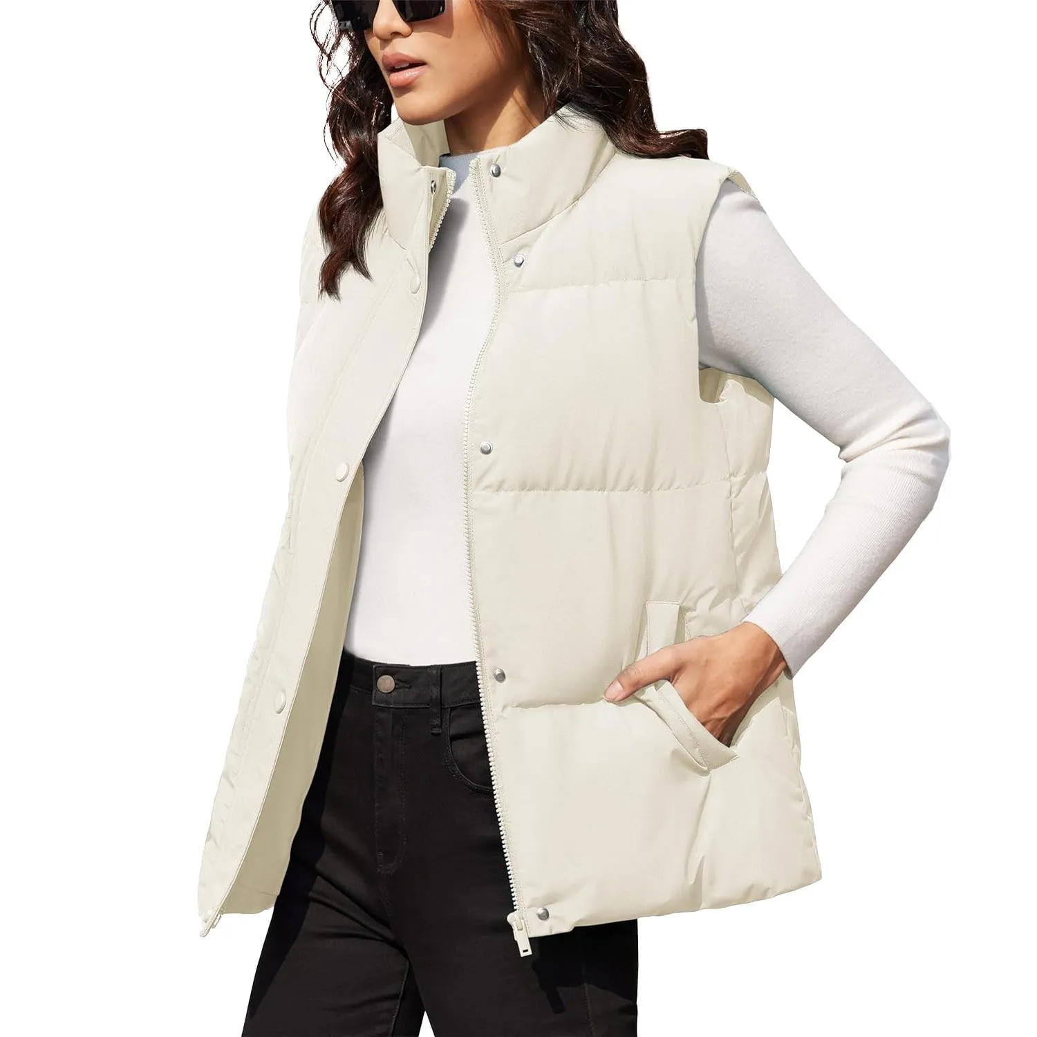 Women's Puffer Down Vest Oversized Zip Up Outerwear Lightweight Winter Padded Gilet Jacket with Pockets