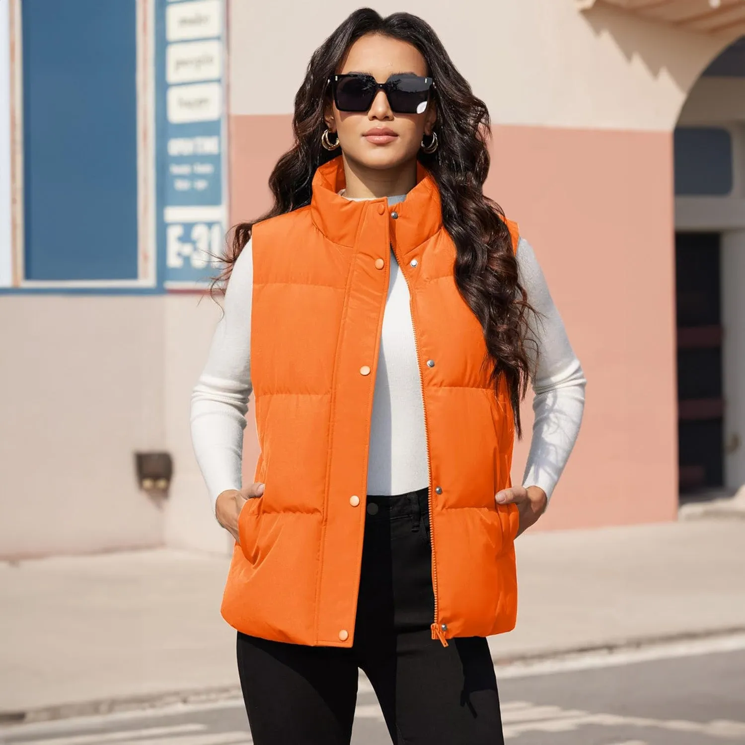 Women's Puffer Down Vest Oversized Zip Up Outerwear Lightweight Winter Padded Gilet Jacket with Pockets