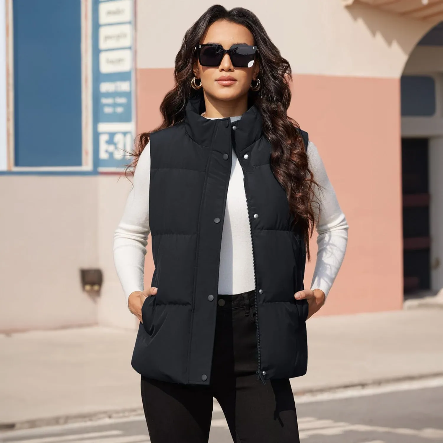 Women's Puffer Down Vest Oversized Zip Up Outerwear Lightweight Winter Padded Gilet Jacket with Pockets