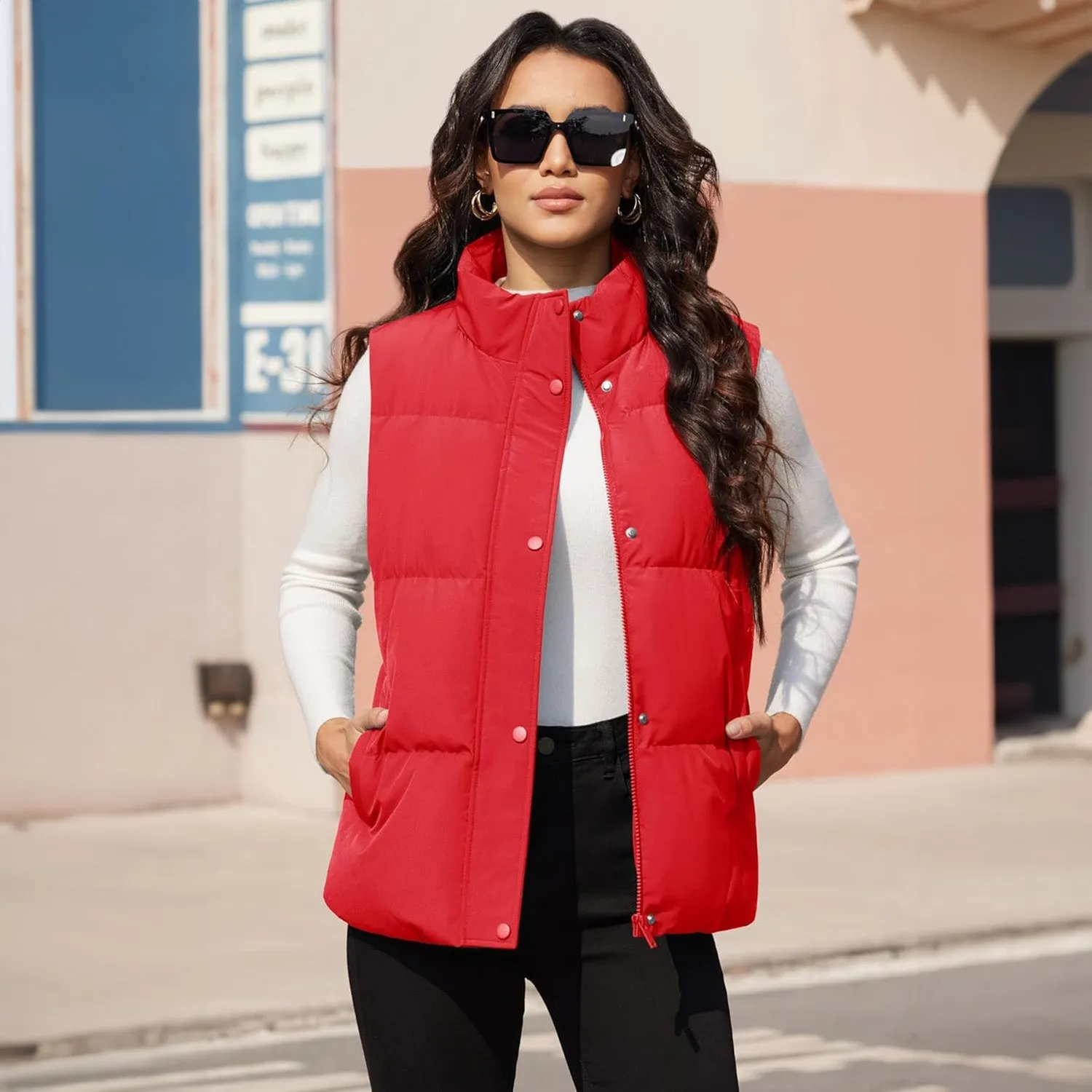 Women's Puffer Down Vest Oversized Zip Up Outerwear Lightweight Winter Padded Gilet Jacket with Pockets