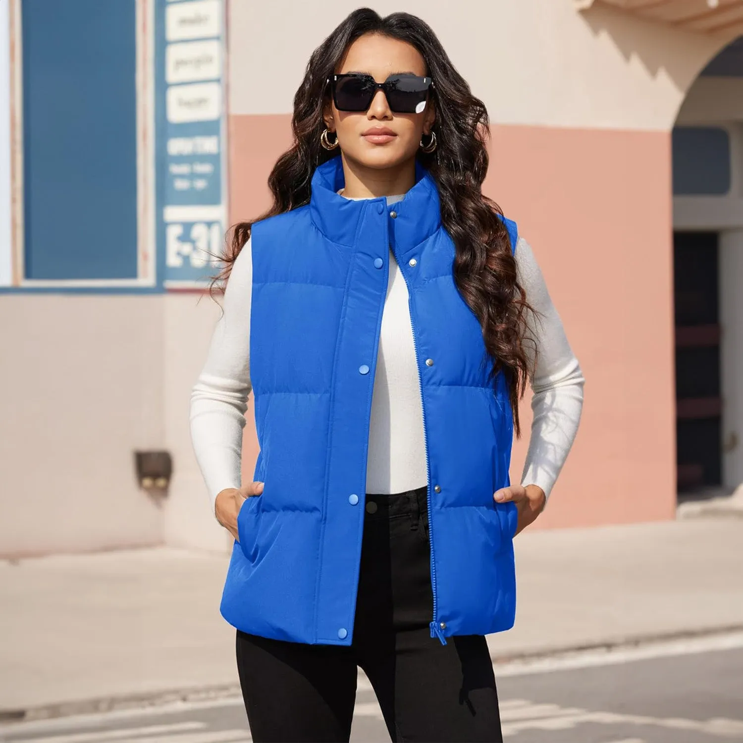 Women's Puffer Down Vest Oversized Zip Up Outerwear Lightweight Winter Padded Gilet Jacket with Pockets