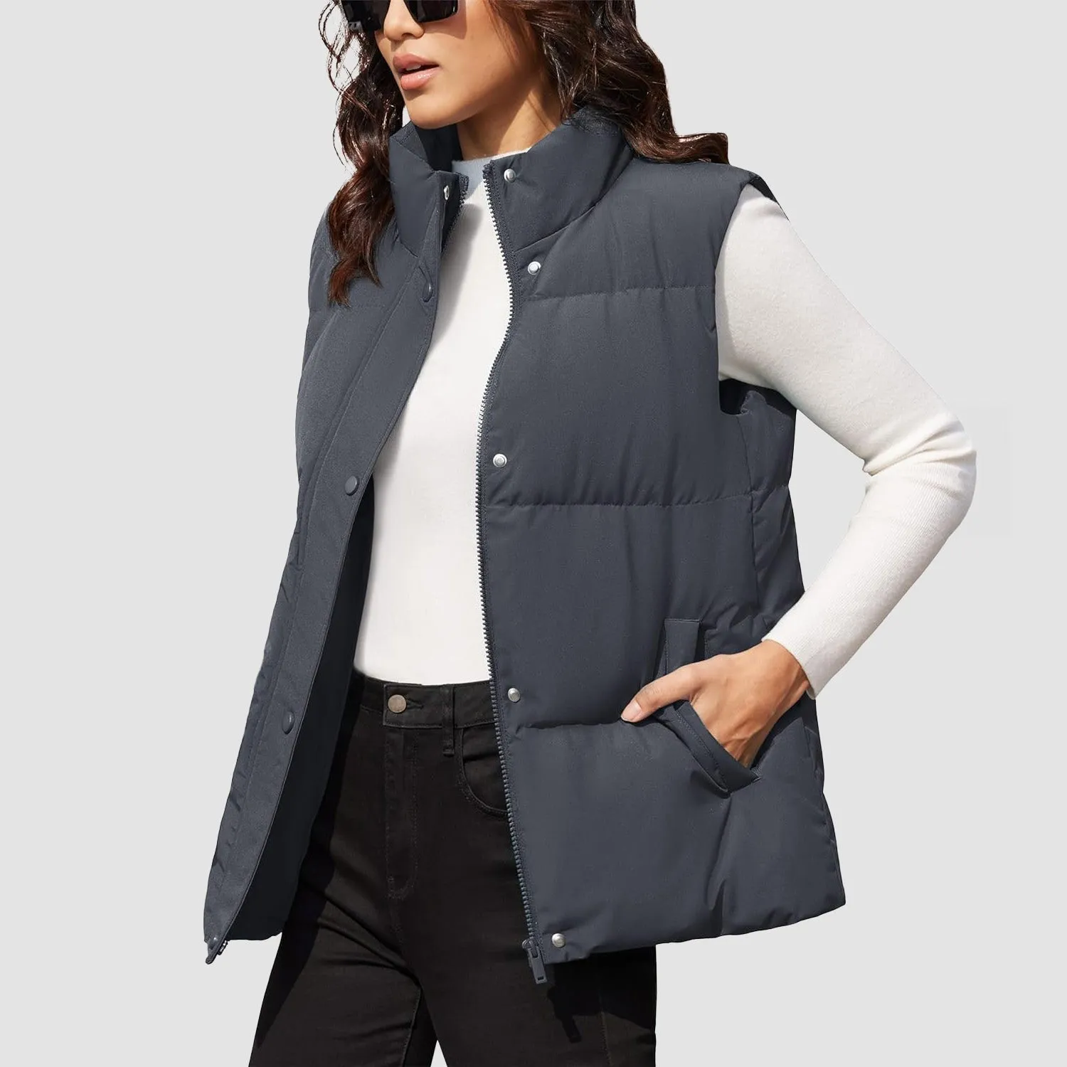 Women's Puffer Down Vest Oversized Zip Up Outerwear Lightweight Winter Padded Gilet Jacket with Pockets