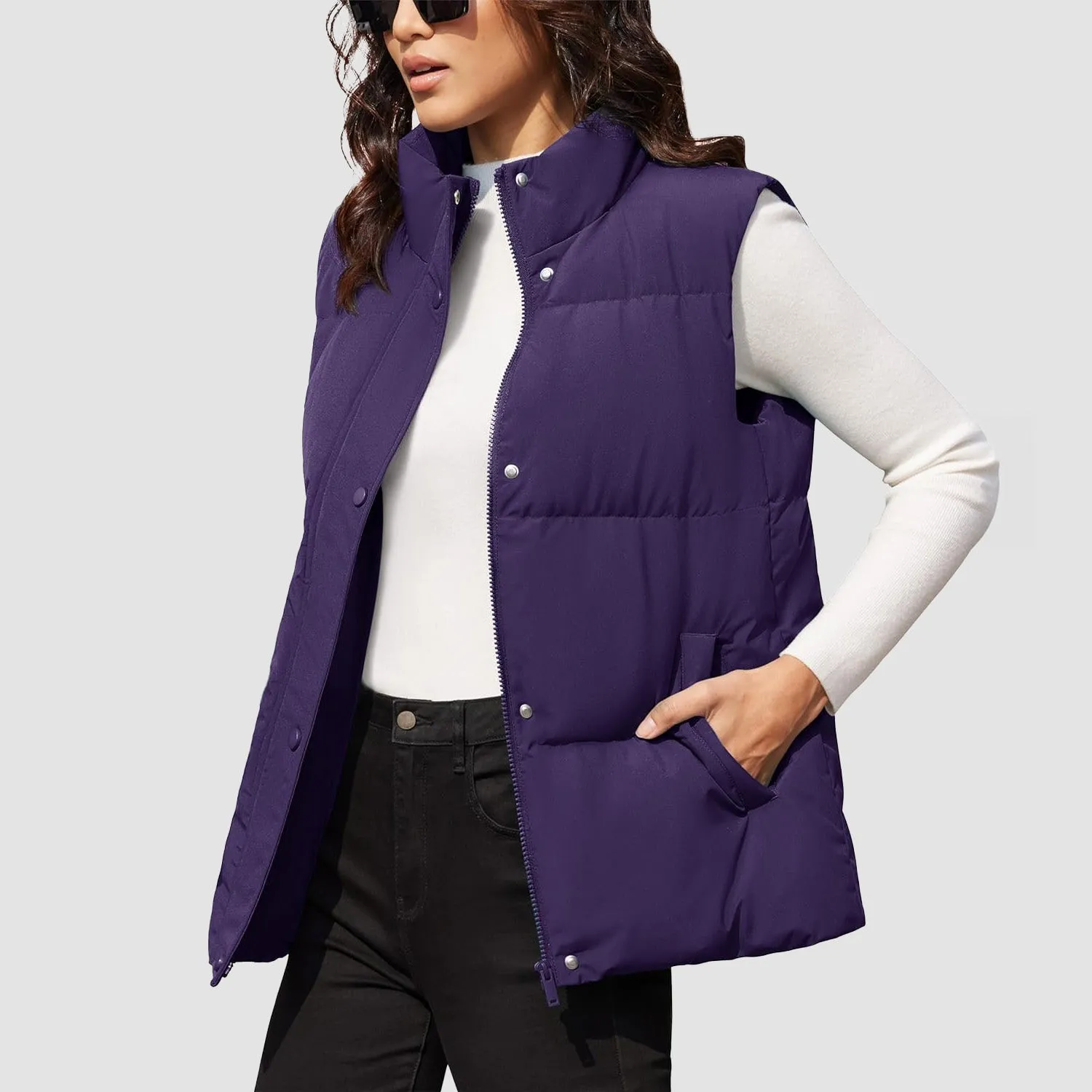 Women's Puffer Down Vest Oversized Zip Up Outerwear Lightweight Winter Padded Gilet Jacket with Pockets