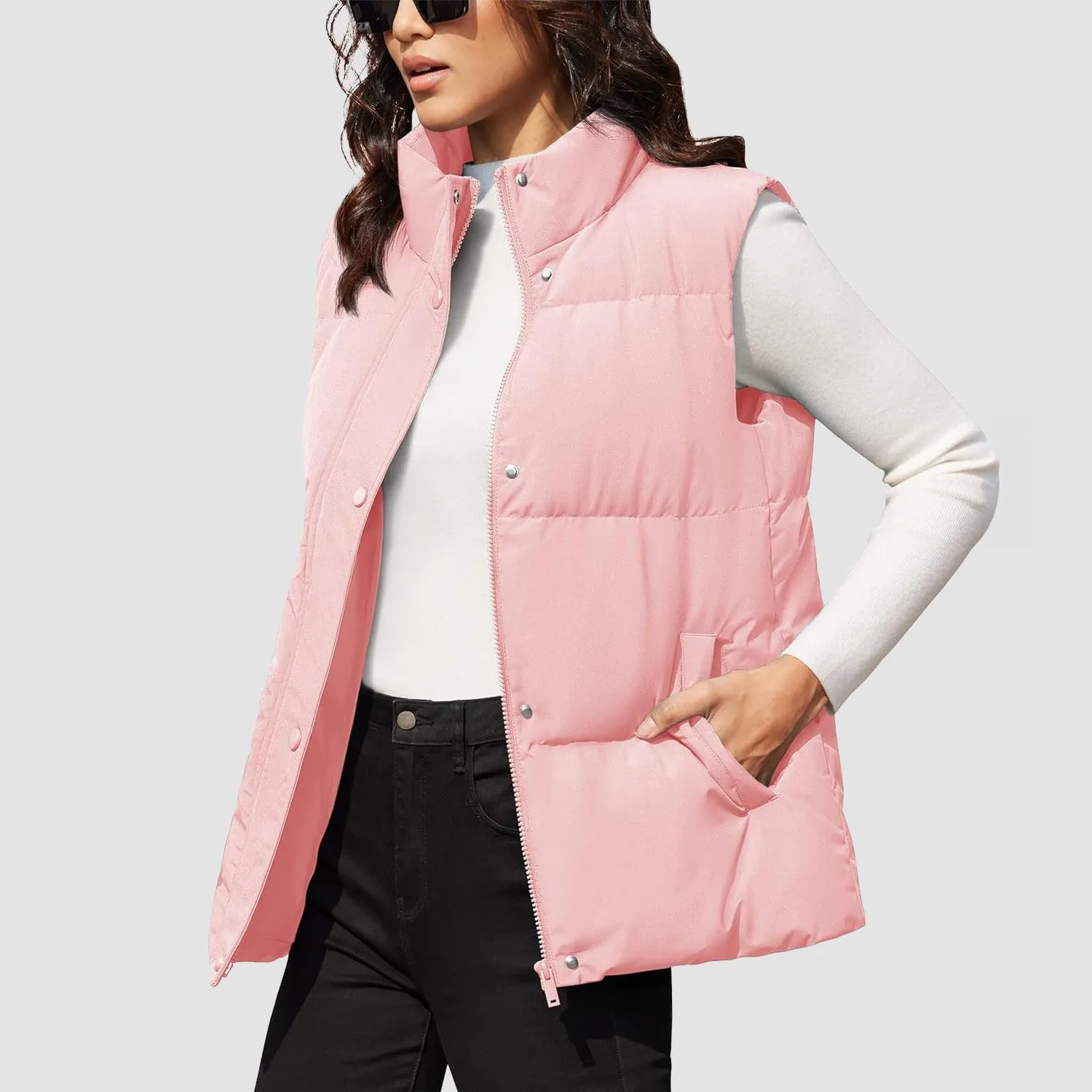 Women's Puffer Down Vest Oversized Zip Up Outerwear Lightweight Winter Padded Gilet Jacket with Pockets
