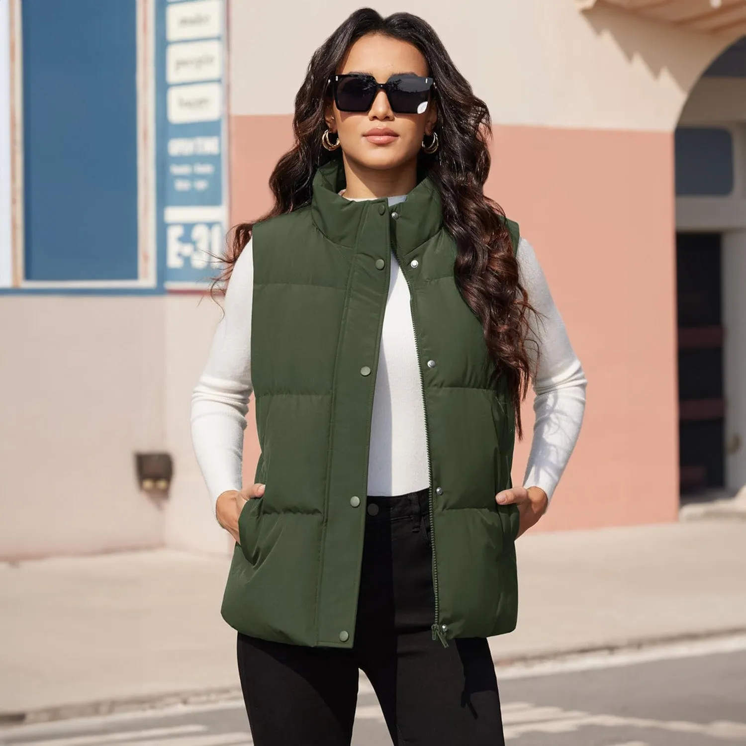 Women's Puffer Down Vest Oversized Zip Up Outerwear Lightweight Winter Padded Gilet Jacket with Pockets