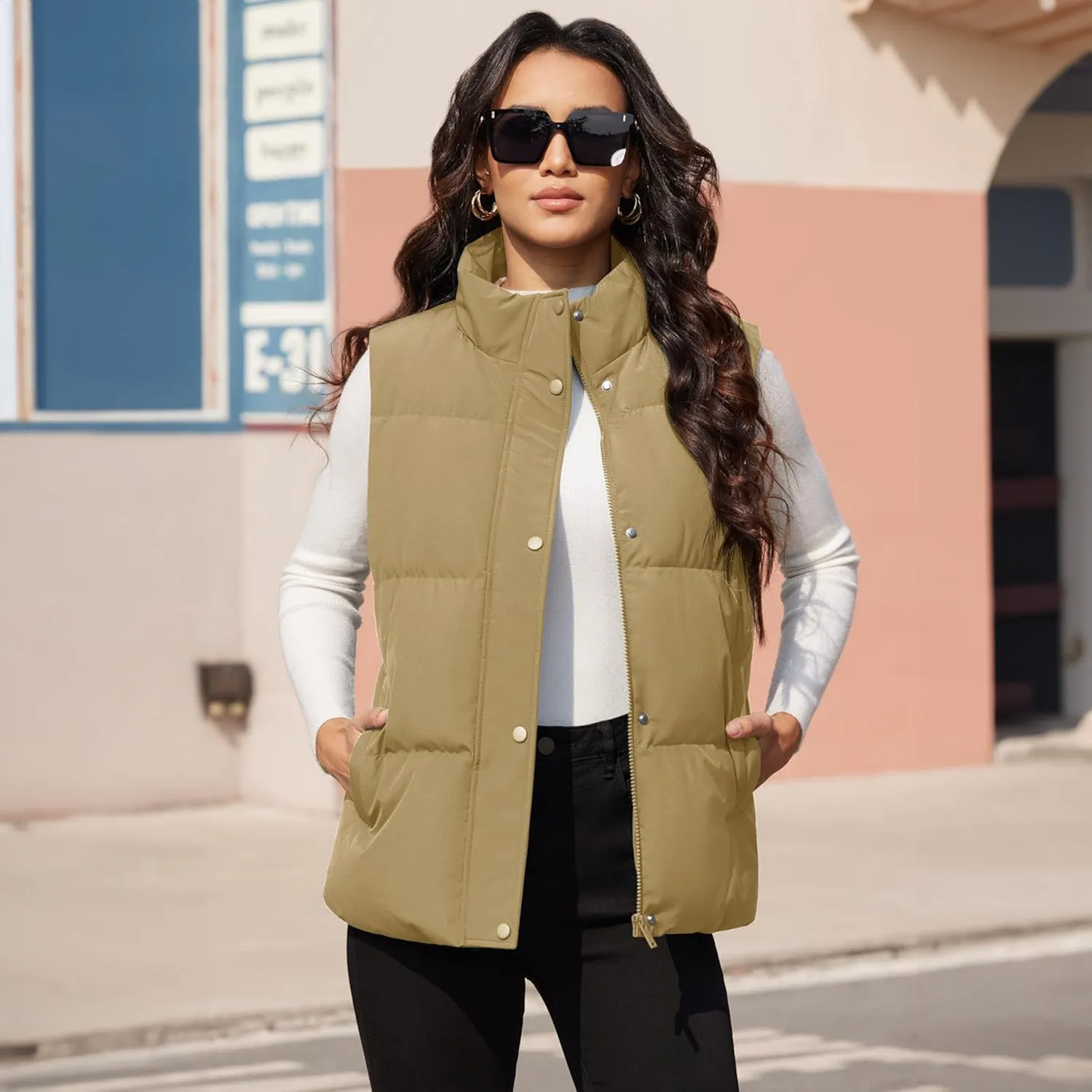 Women's Puffer Down Vest Oversized Zip Up Outerwear Lightweight Winter Padded Gilet Jacket with Pockets