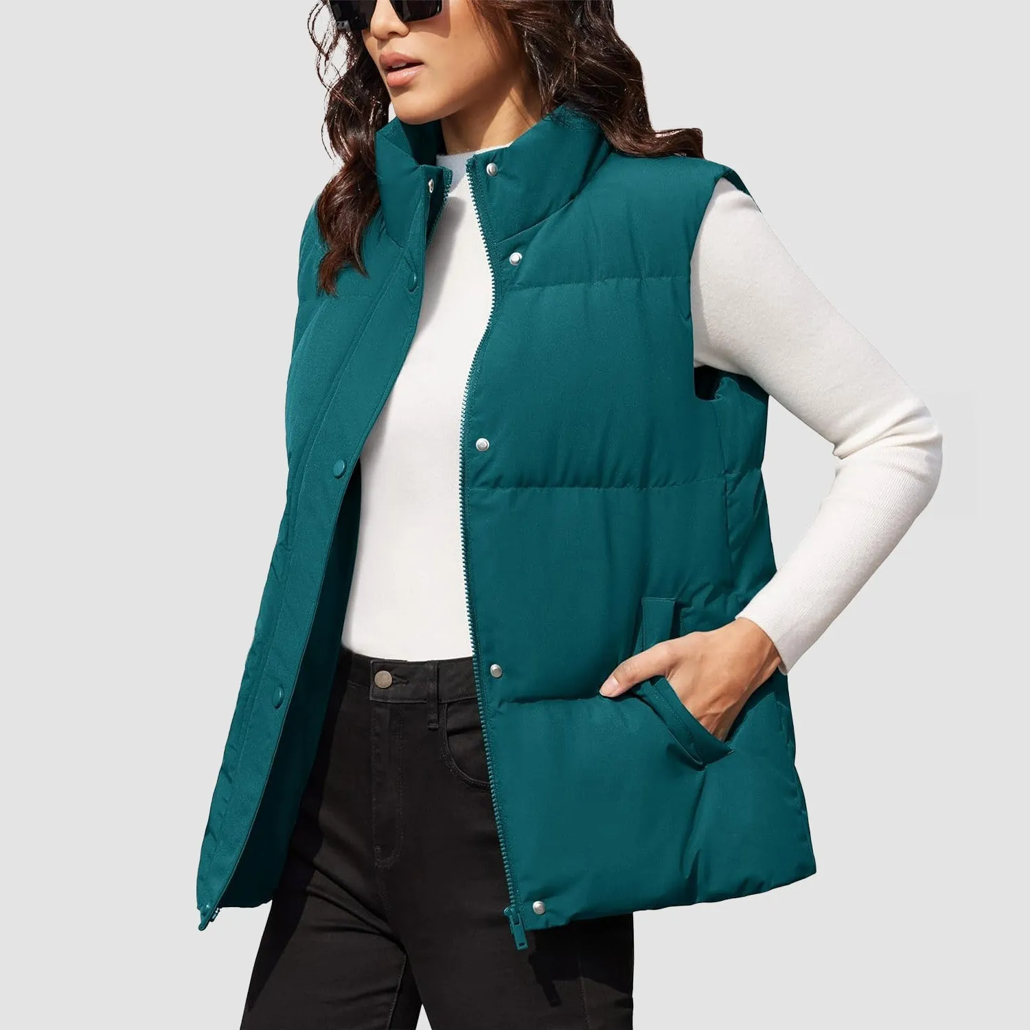 Women's Puffer Down Vest Oversized Zip Up Outerwear Lightweight Winter Padded Gilet Jacket with Pockets