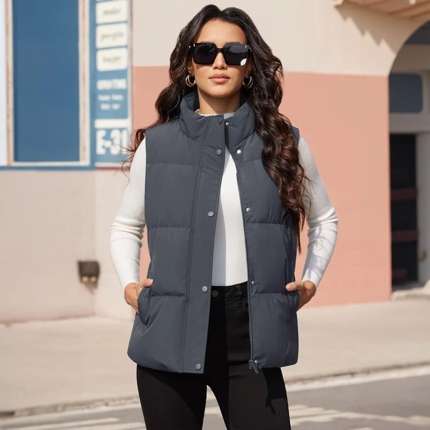 Women's Puffer Down Vest Oversized Zip Up Outerwear Lightweight Winter Padded Gilet Jacket with Pockets
