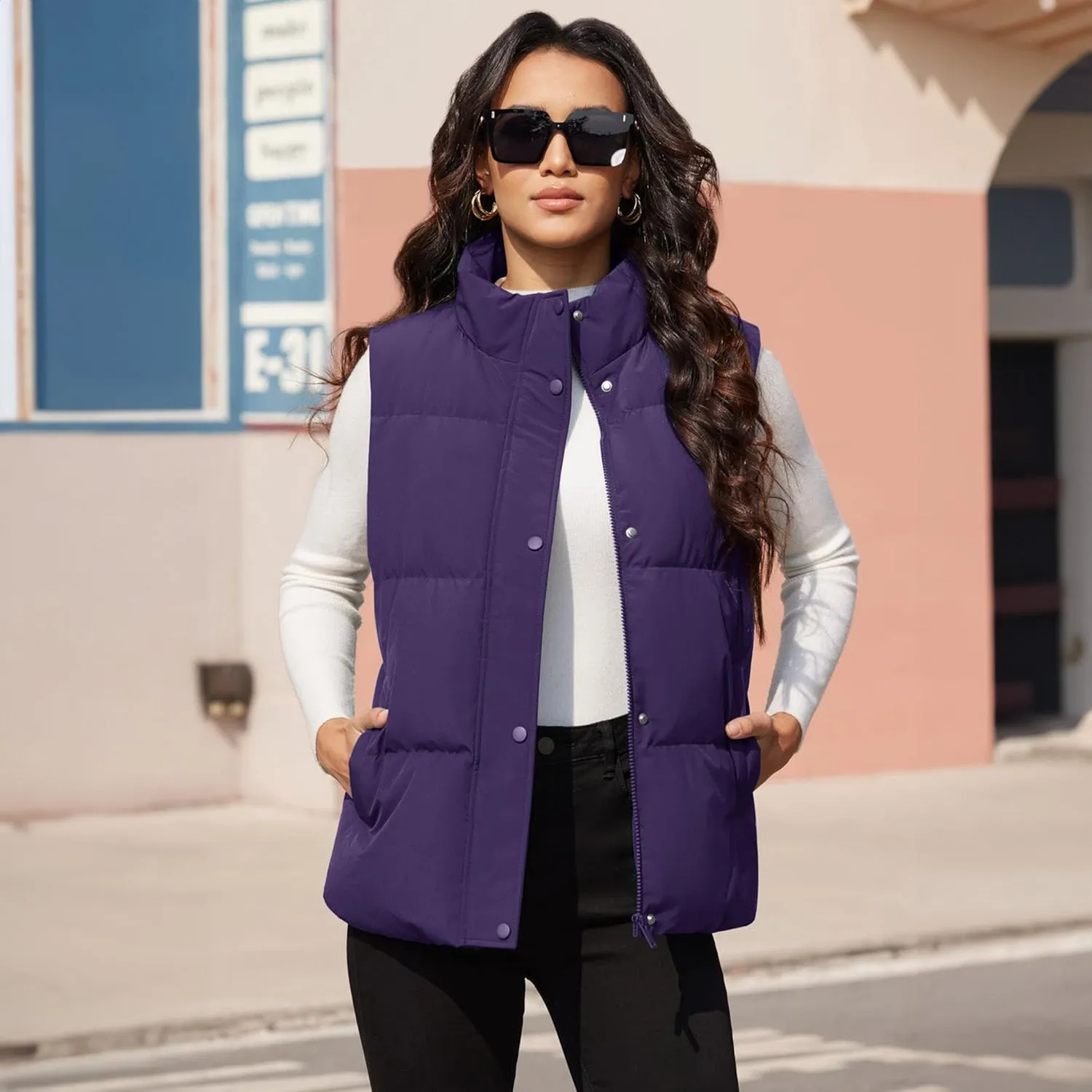 Women's Puffer Down Vest Oversized Zip Up Outerwear Lightweight Winter Padded Gilet Jacket with Pockets