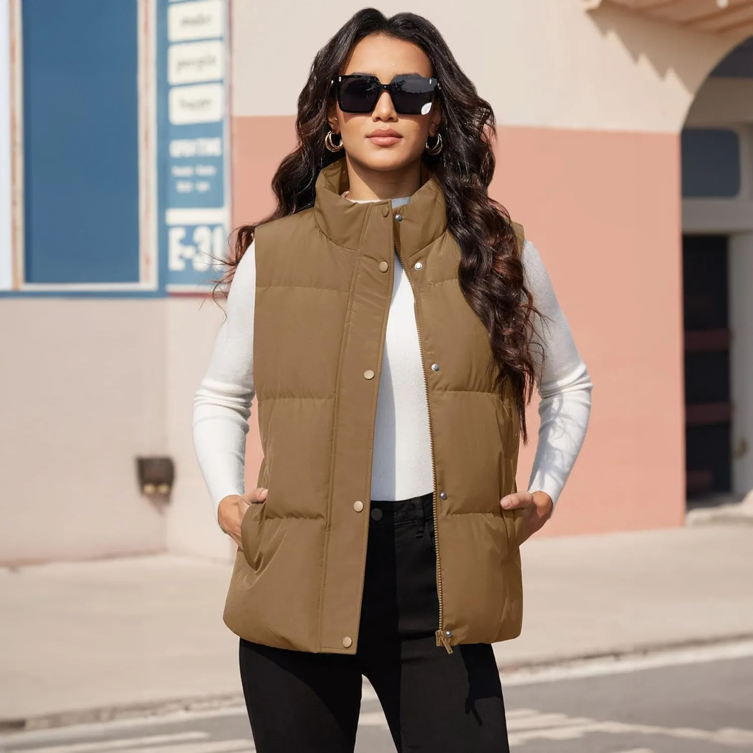 Women's Puffer Down Vest Oversized Zip Up Outerwear Lightweight Winter Padded Gilet Jacket with Pockets