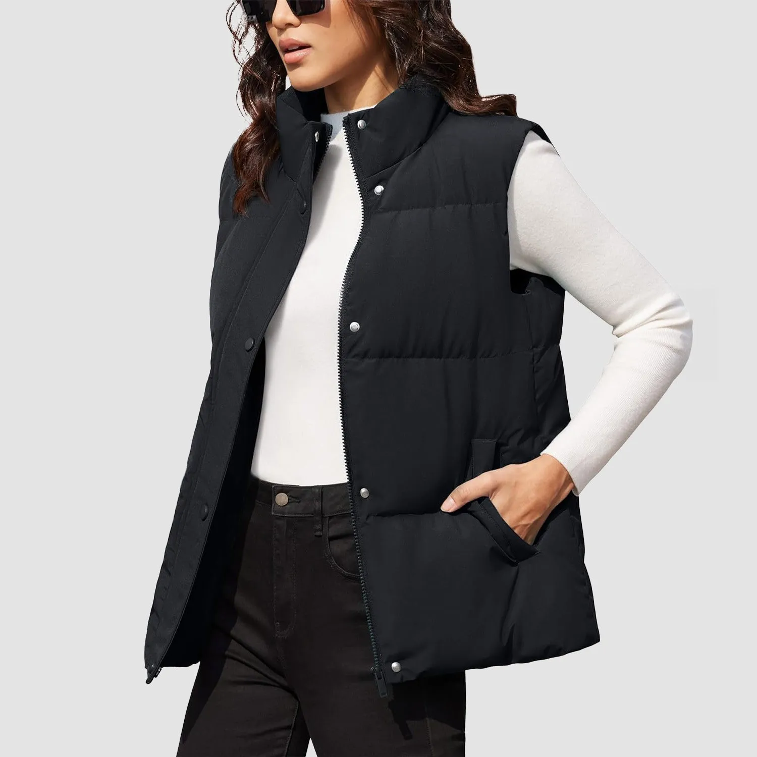 Women's Puffer Down Vest Oversized Zip Up Outerwear Lightweight Winter Padded Gilet Jacket with Pockets
