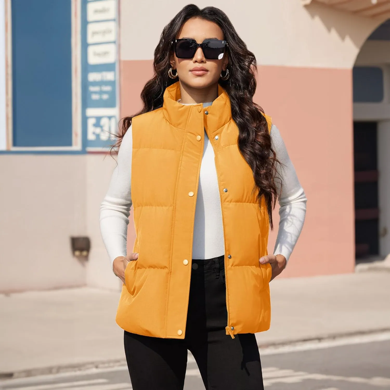 Women's Puffer Down Vest Oversized Zip Up Outerwear Lightweight Winter Padded Gilet Jacket with Pockets