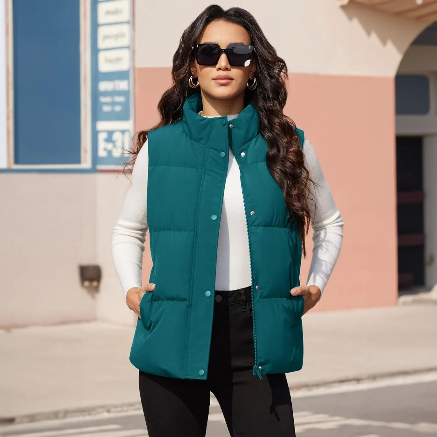 Women's Puffer Down Vest Oversized Zip Up Outerwear Lightweight Winter Padded Gilet Jacket with Pockets