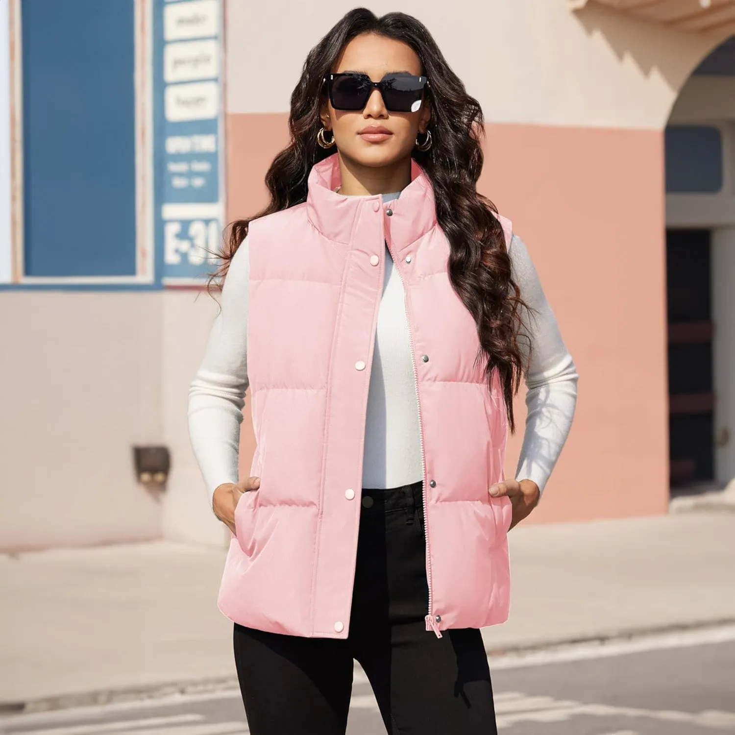 Women's Puffer Down Vest Oversized Zip Up Outerwear Lightweight Winter Padded Gilet Jacket with Pockets
