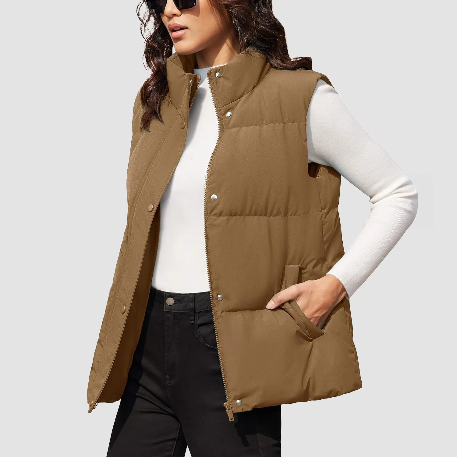 Women's Puffer Down Vest Oversized Zip Up Outerwear Lightweight Winter Padded Gilet Jacket with Pockets